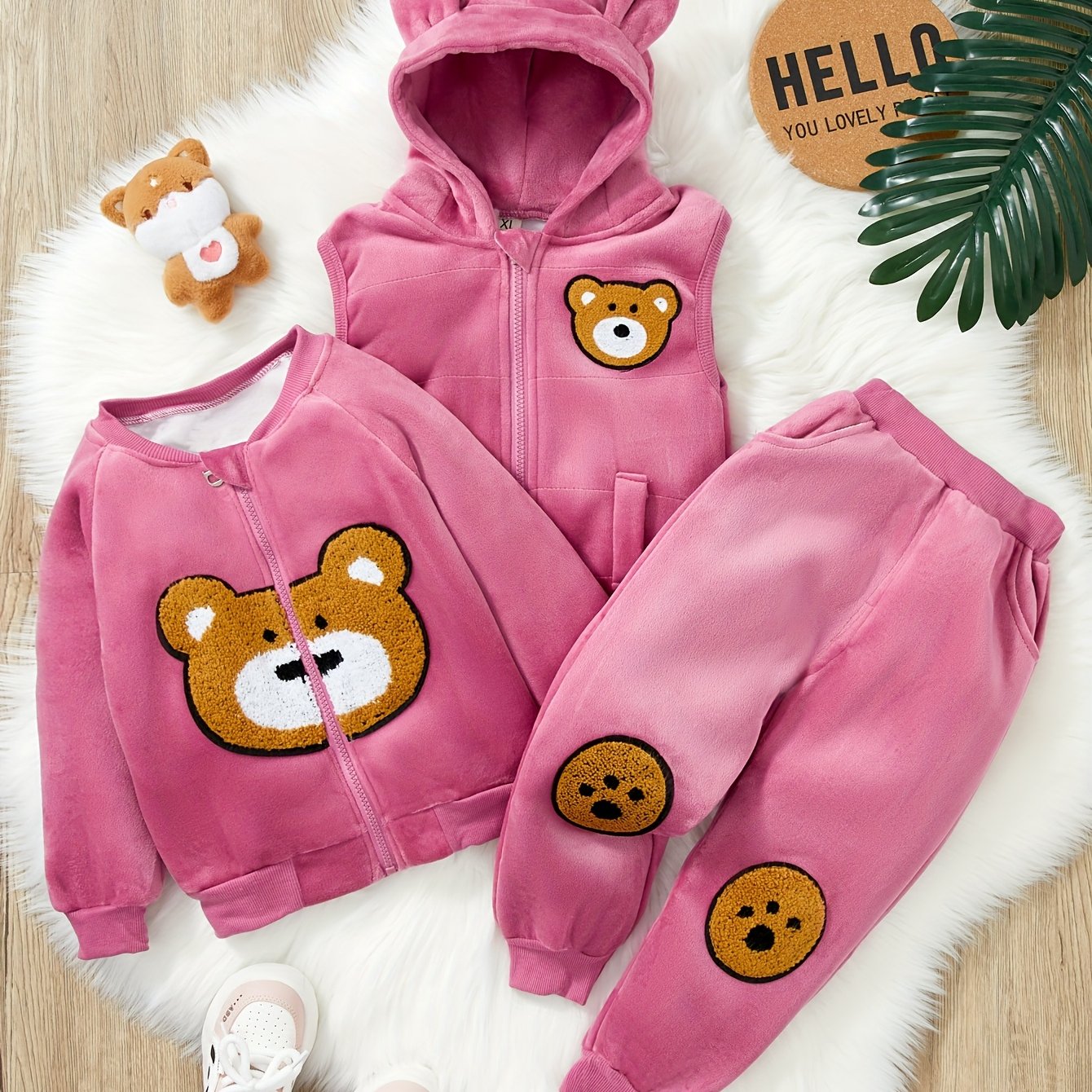 Image of Hibobi 3pcs Baby Girl Solid Color Bear Patch Top And Hooded Zip-up Jacket Pants, For Outdoor