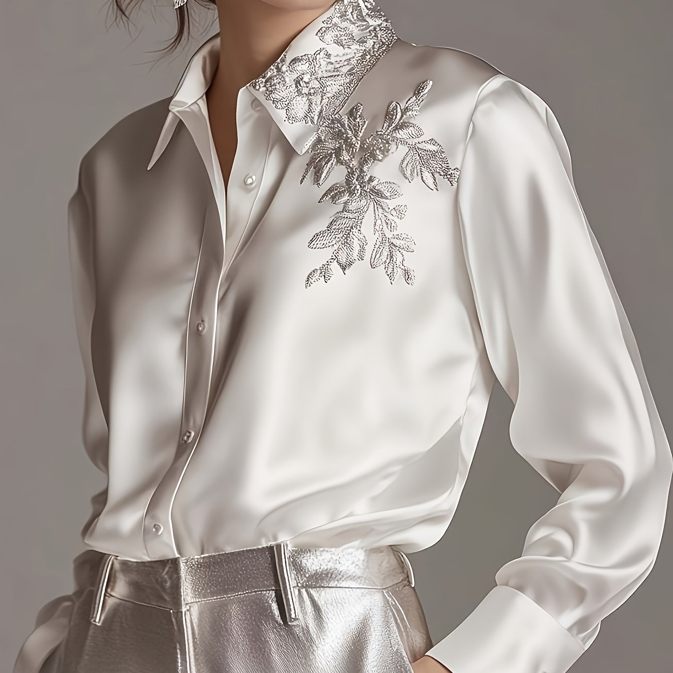 E-shop 2025 Frühling/Herbst Einzigartige Leichter Weiß Gesticktes Langarmshirt Damen