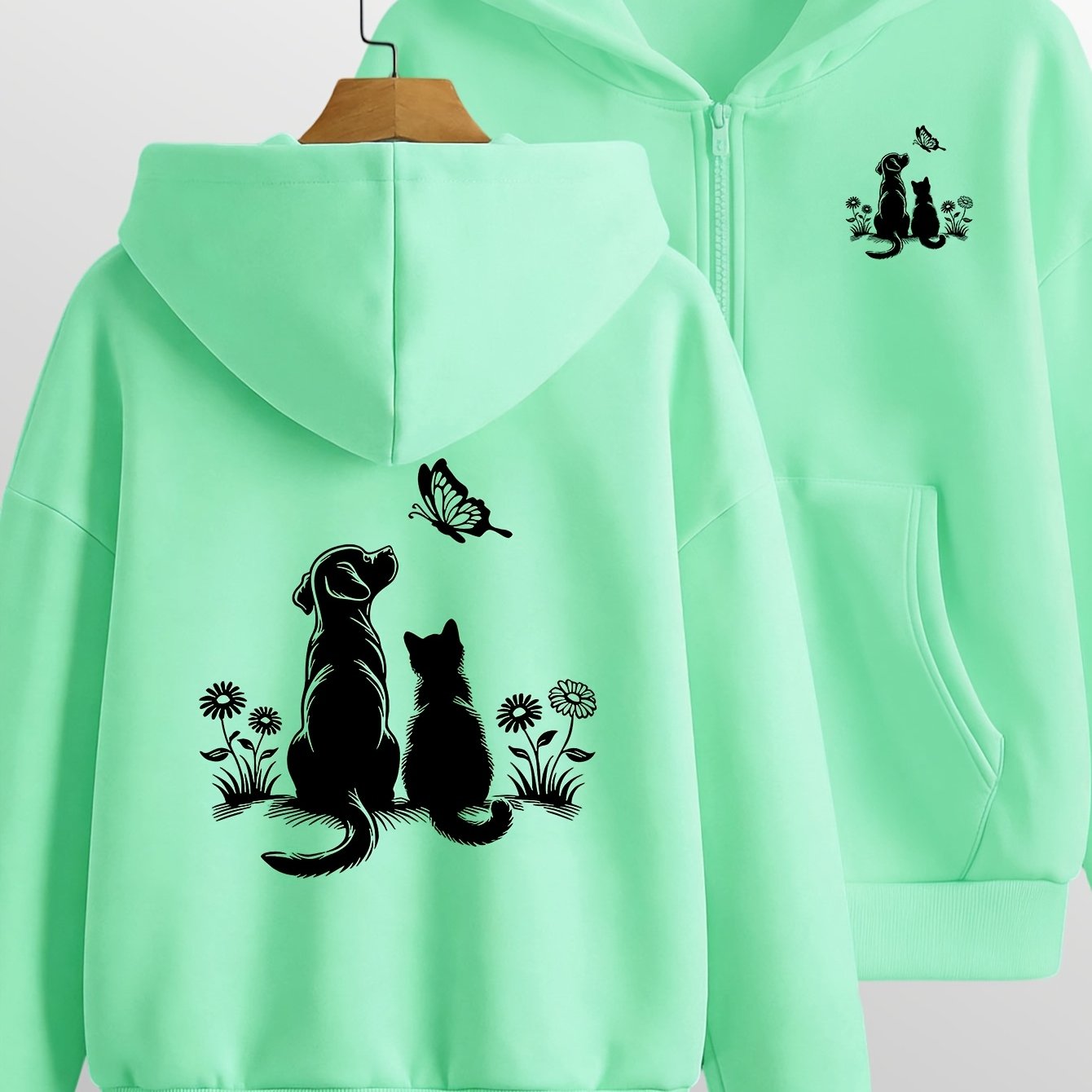 TEMU Artistic Kitten And Puppy Pattern Print - Y2k Zip-up Hoodie - Fashionable And Comfortable Jacket, Suitable For , Casual Sportswear, Fashionable