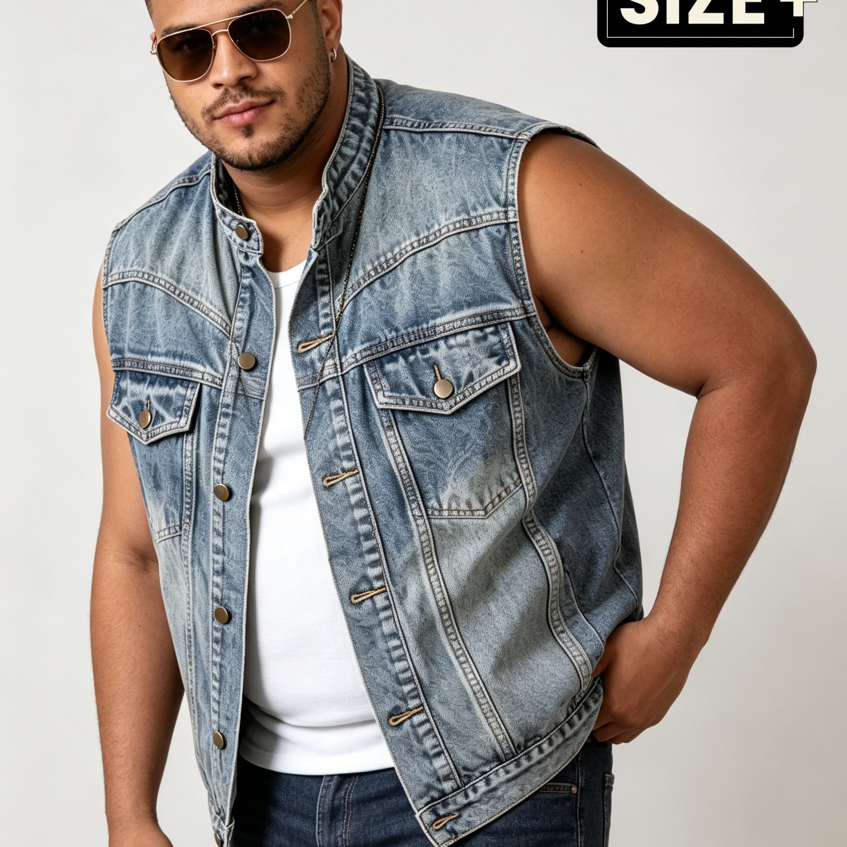 TEMU [allsro] Plus Size Men's Amekaji Retro Sleeveless Denim Vest For Summer Autumn, 3d , Wash Four-pocket Biker Style, Machine Washable Fabric,