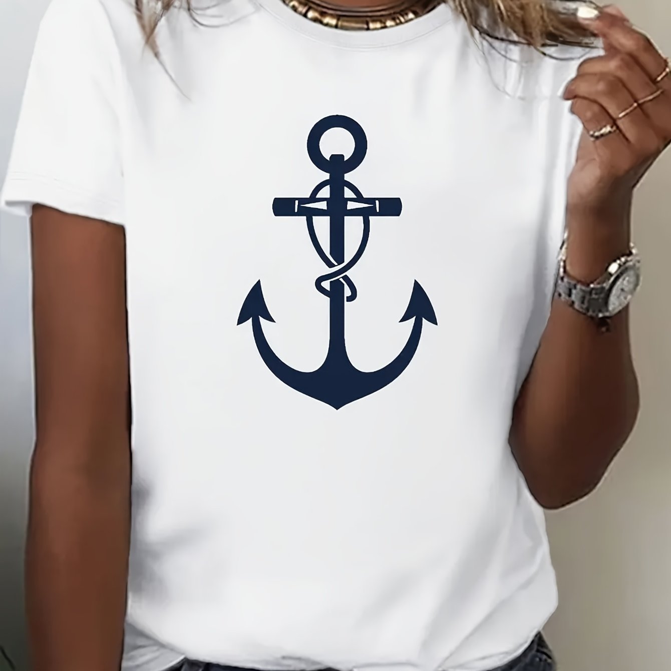 TEMU Anchor Print Round Neck T-shirt, Spring Summer Casual Short Sleeve Top Women's Clothing