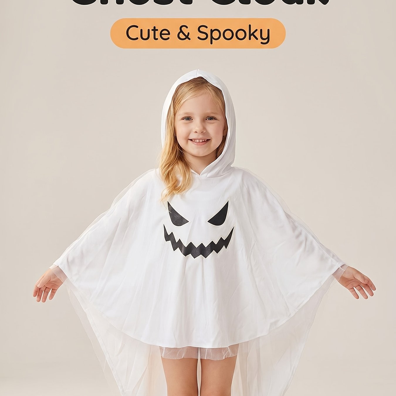 Image of Kids' -the-dark Halloween Outfit - Jack-o'-lantern & Spooky Design, Sleeveless Cape With Front Pocket, Black & White Party Dress For Halloween Party Wear, -the-dark Feature