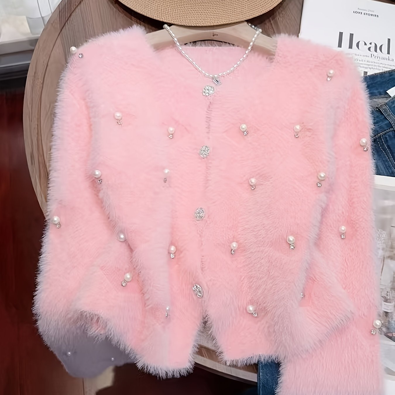 TEMU Women's Long-sleeve Sweater With Pearl Embellishments And Rhinestones, Autumn And Winter Short Coat In A Chic Style, Versatile Cardigan Top