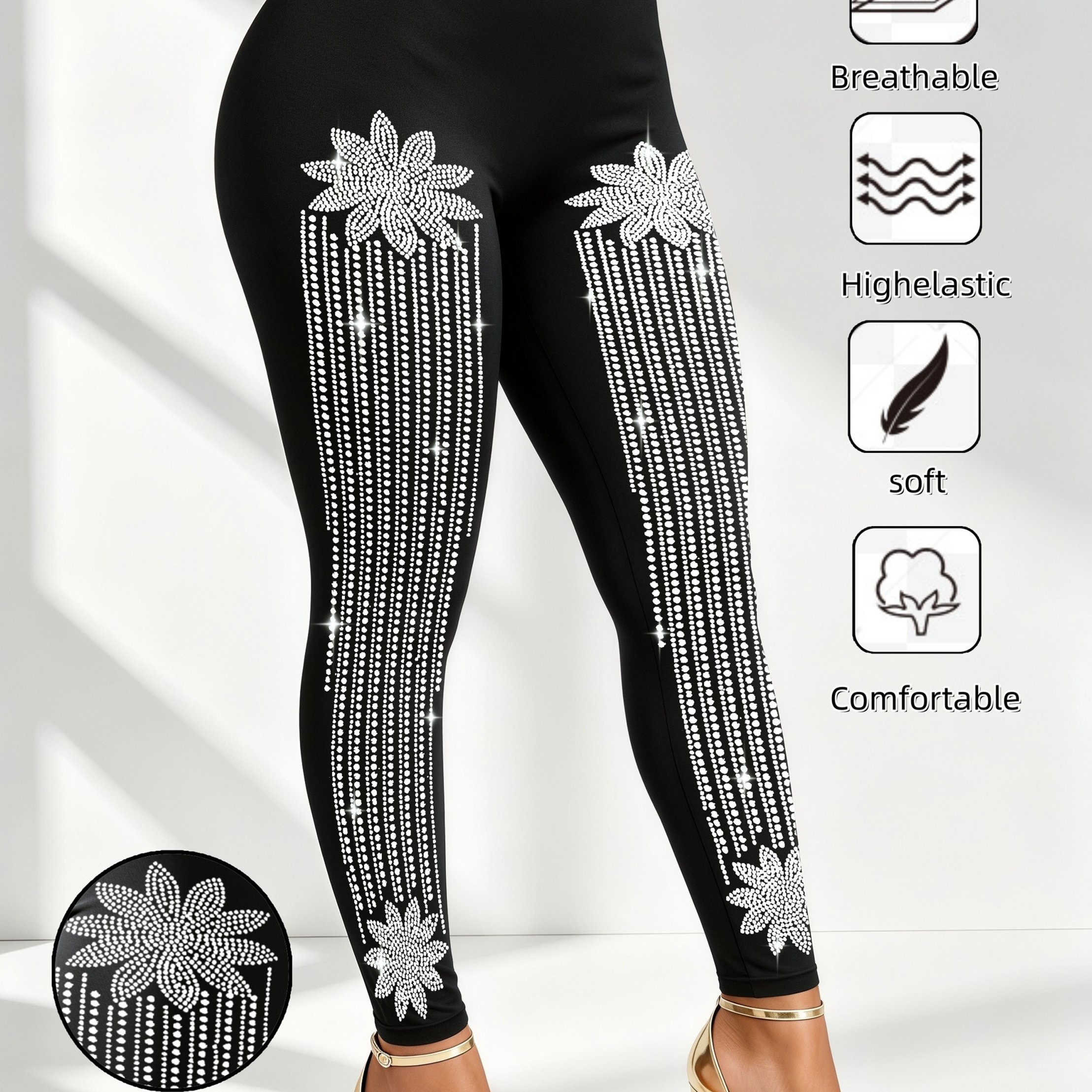 TEMU Women Front Large Floral Pattern Rhinestone Sparkly Fashionable Leggings Sexy Elegant High Waist High Elastic Breathable Comfortable Casual