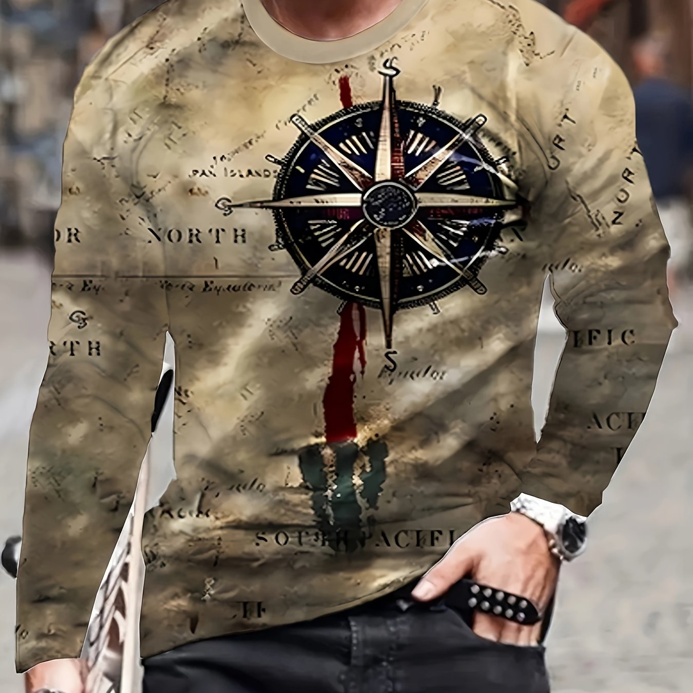 TEMU [print Design-not Textured] /sequins No Additions Not Jean Men's Spring Autumn Unique Compass Pattern Print Long Sleeve, Casual Outdoor Unique
