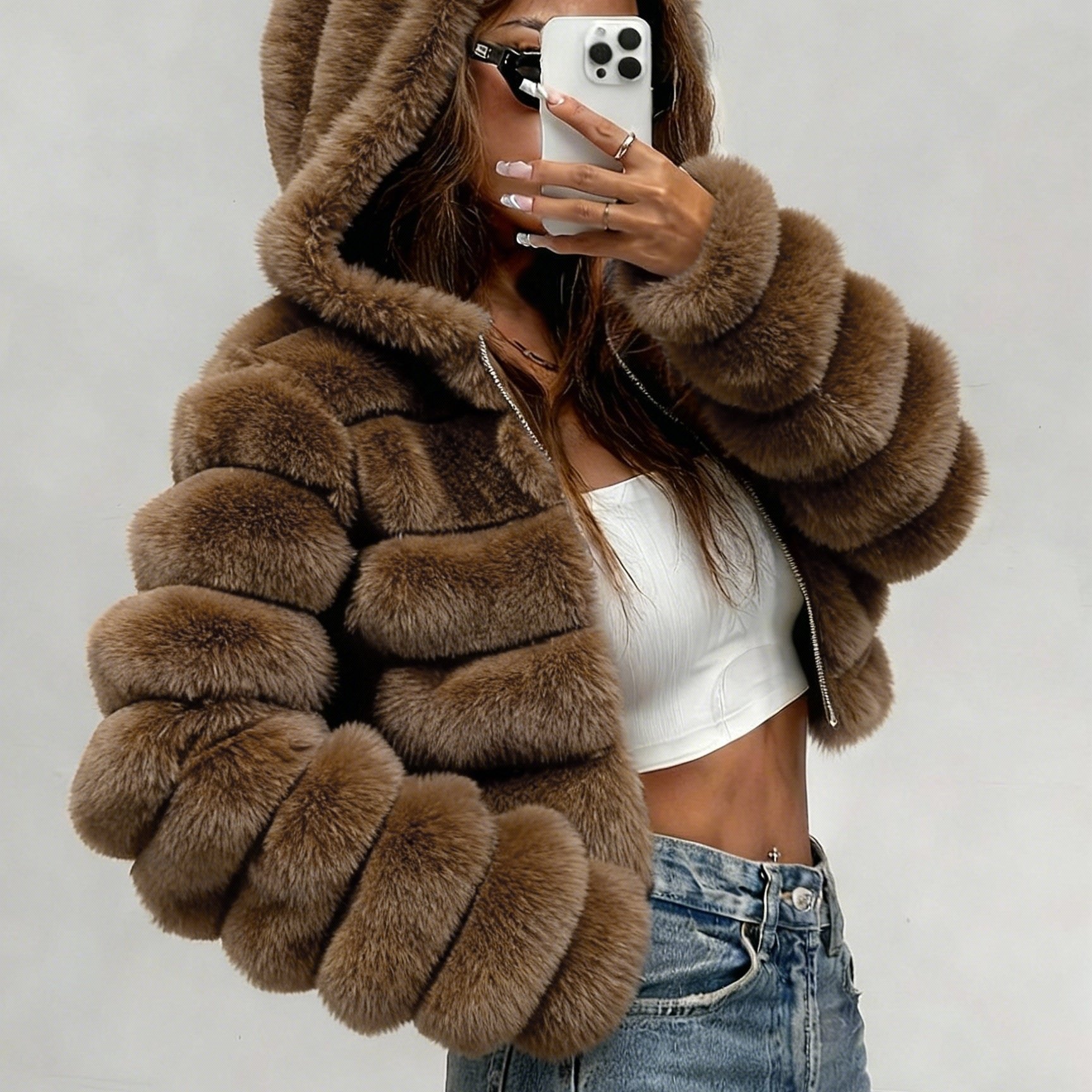 TEMU New Autumn/winter 3d Effect Women's Hooded Plush Jacket, A Stylish And Warm Autumn/winter Outfit