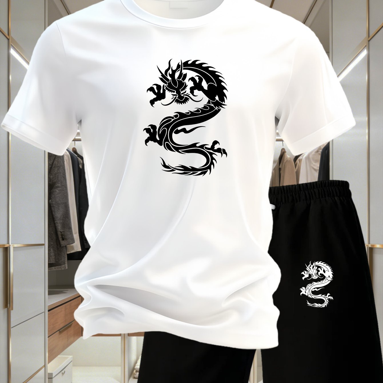 TEMU National Charm Dragon Totem Print Men's Set, Short Sleeve   Shorts 2pcs Set, Summer Breathable And Comfortable, Multiple Colors