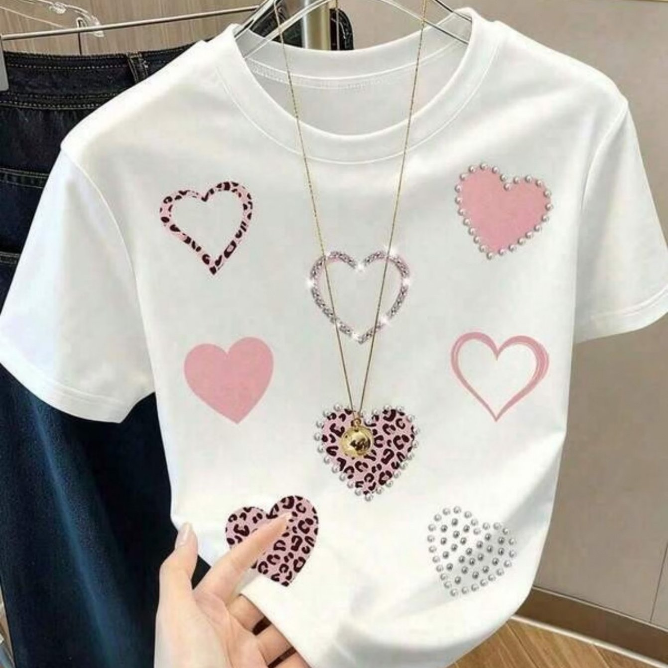 Image of Women Easy Multi Style Mixed Hearts Printed Short Sleeve Tee, Loose Neck Daily Basic Tops, Fashion Ladies Multi Pattern Heart Short Sleeve Tee