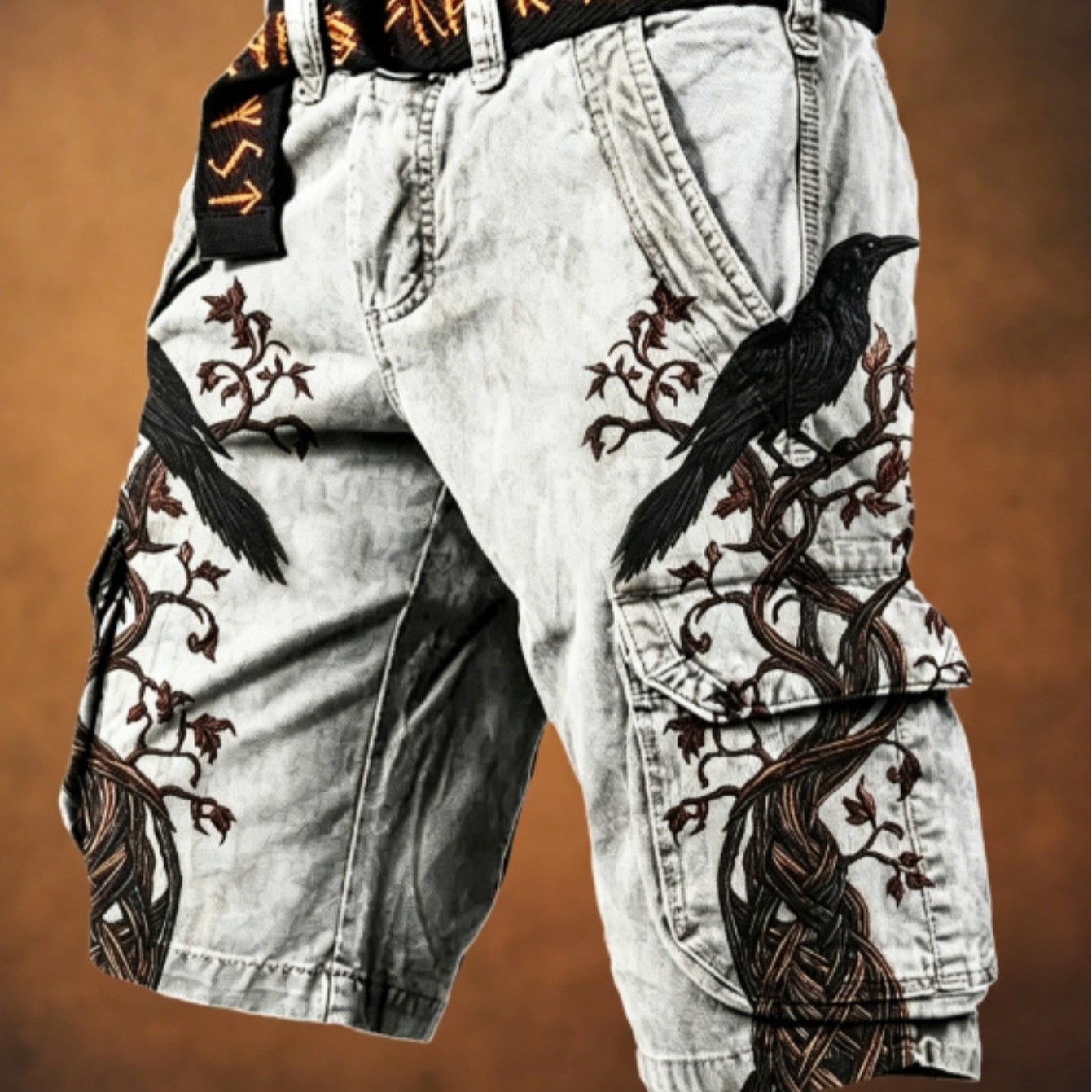 New Arrival Men's Belted Cargo Shorts Comfortable Breathable Fabric With Light Grey Base And Embroidery Print Ideal For Daily Date Outdoor Street Wear Great Gift For Men's Clothing, Plus Size