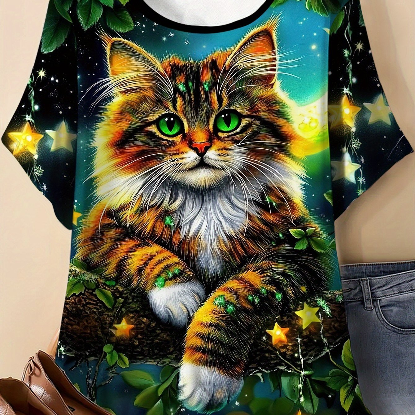TEMU Plus Size - Plus Size - Women's 2d Cat Print T-shirt Featuring A Design Of A Kitten Lounging On A Branch - A Casual Short-sleeve Round-neck Top
