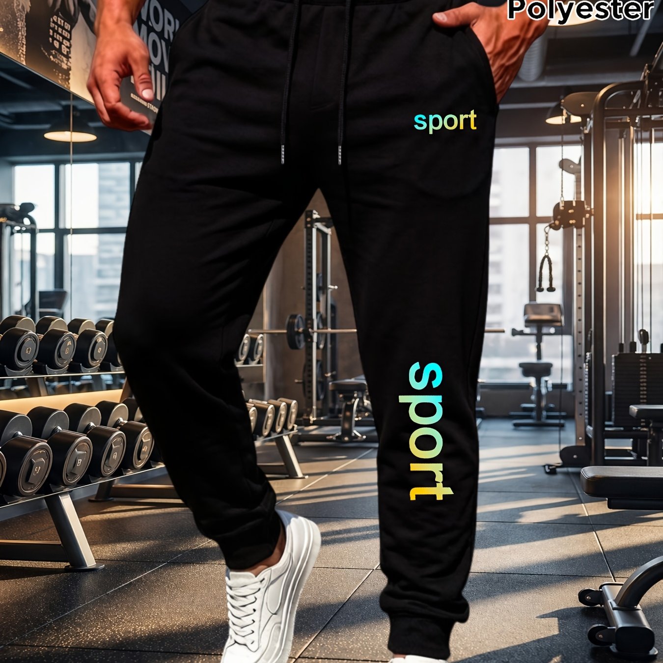 TEMU Men's Athletic Casual Trousers, Breathable Comfortable Drawstring Design, Polyester Fiber Material, Fitness Running Long Pants