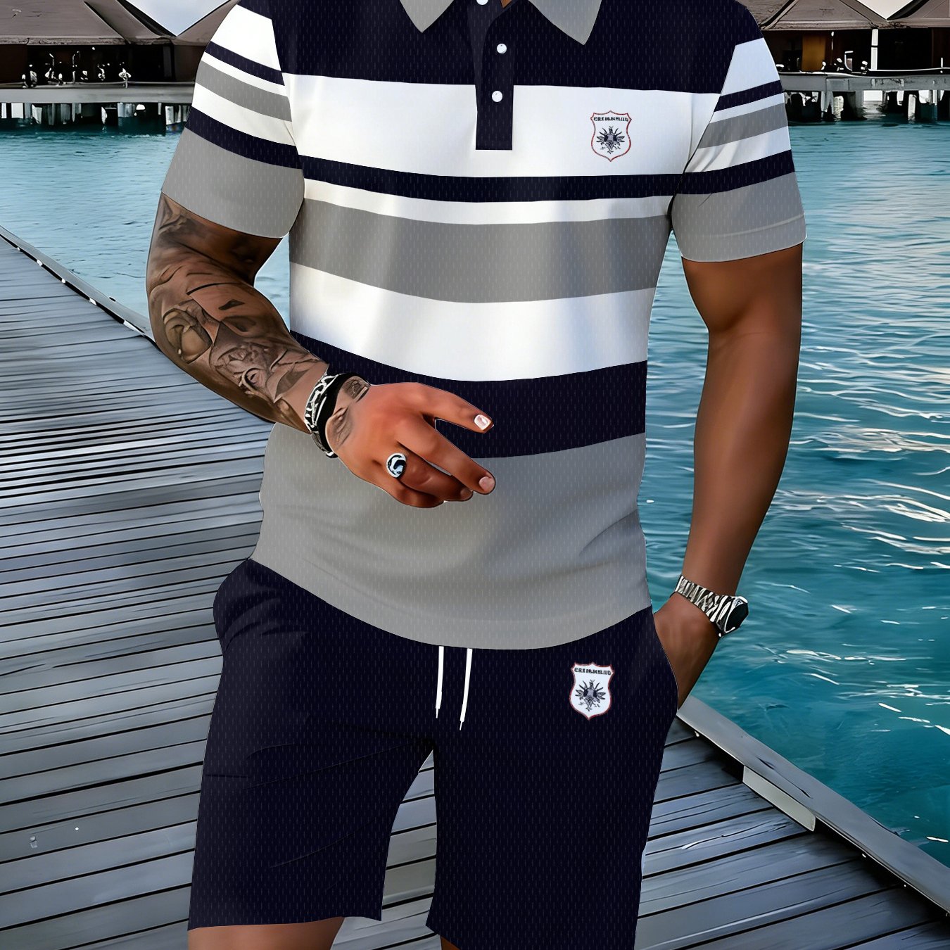TEMU [print Style - Non-textured Fabric] 2026 New Plus Size Men's Shirt Set, Fashionable Color-block, Lightweight And Durable, Perfect For Casual And