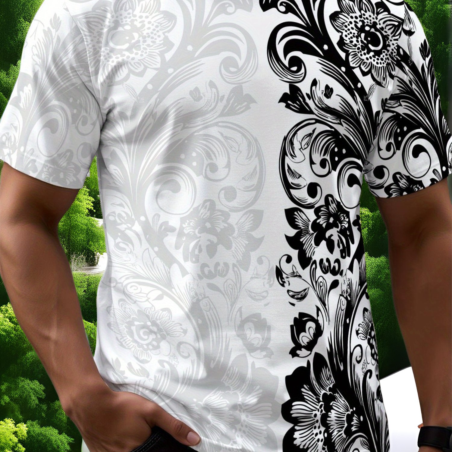 TEMU Men's Loose- Neck T-shirt With Stylish Floral Print - Short-sleeve Casual Streetwear Suitable For Sports, Travel & Parties - Machine Washable