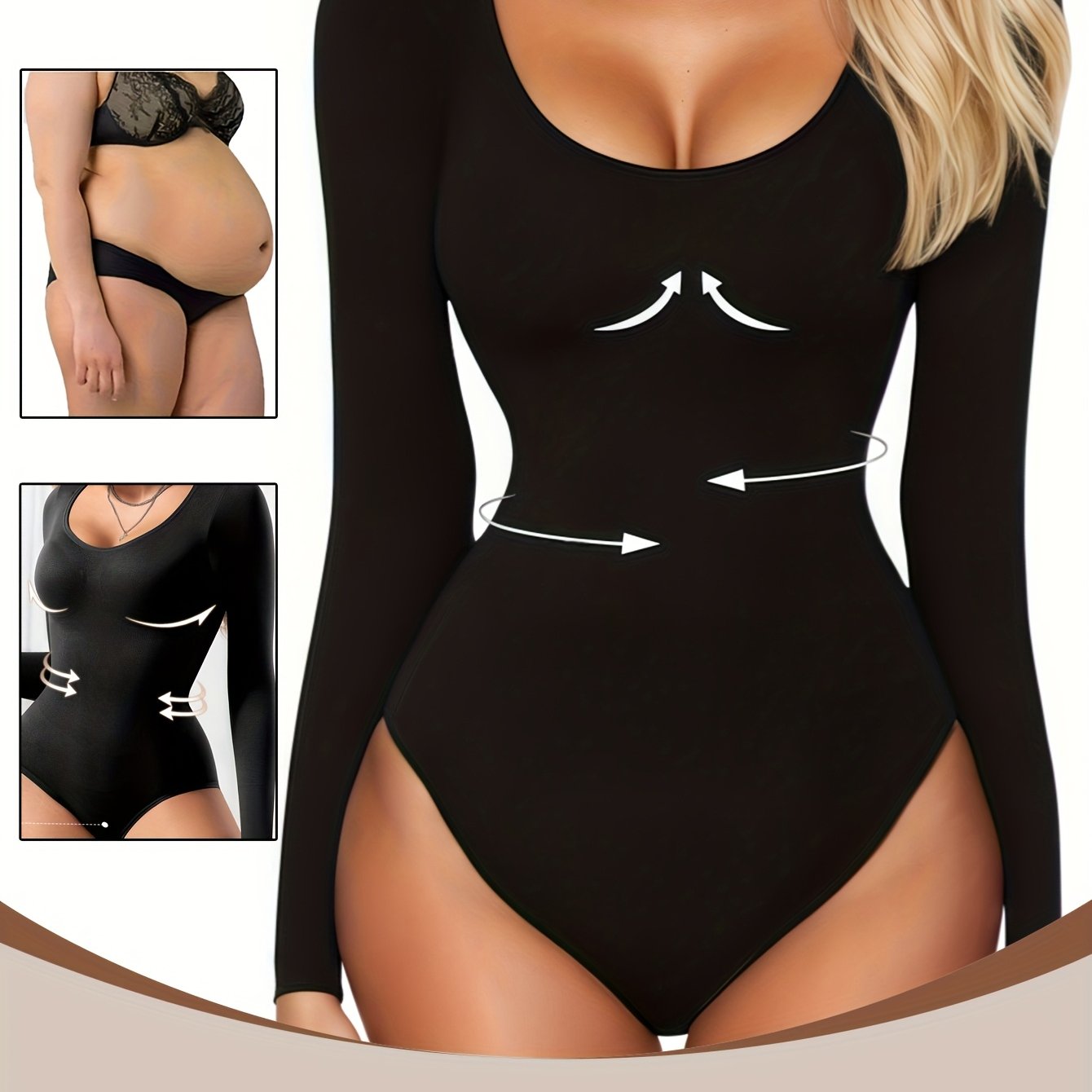Image of 1pc Women's Ribbed Tummy Control Shaping Light Warm Tight Bodysuit, Long Sleeve Round Neck Design, Seamless Comfortable For Autumn/winter, Fitted, Fabric, Closure At Crotch, And Remove