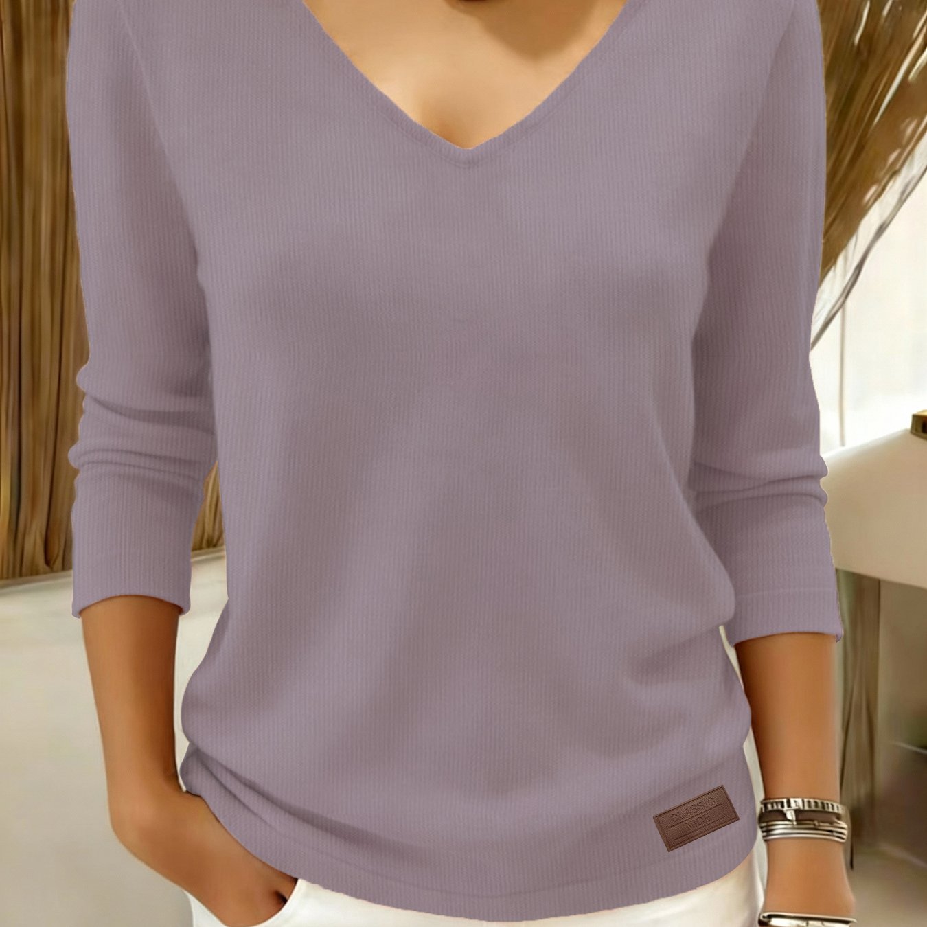 TEMU Pull et extensible à col en V pour femme - Pull adapté à toutes , haut texturé de style chemisier avec col en V, pull lavable en machine pour