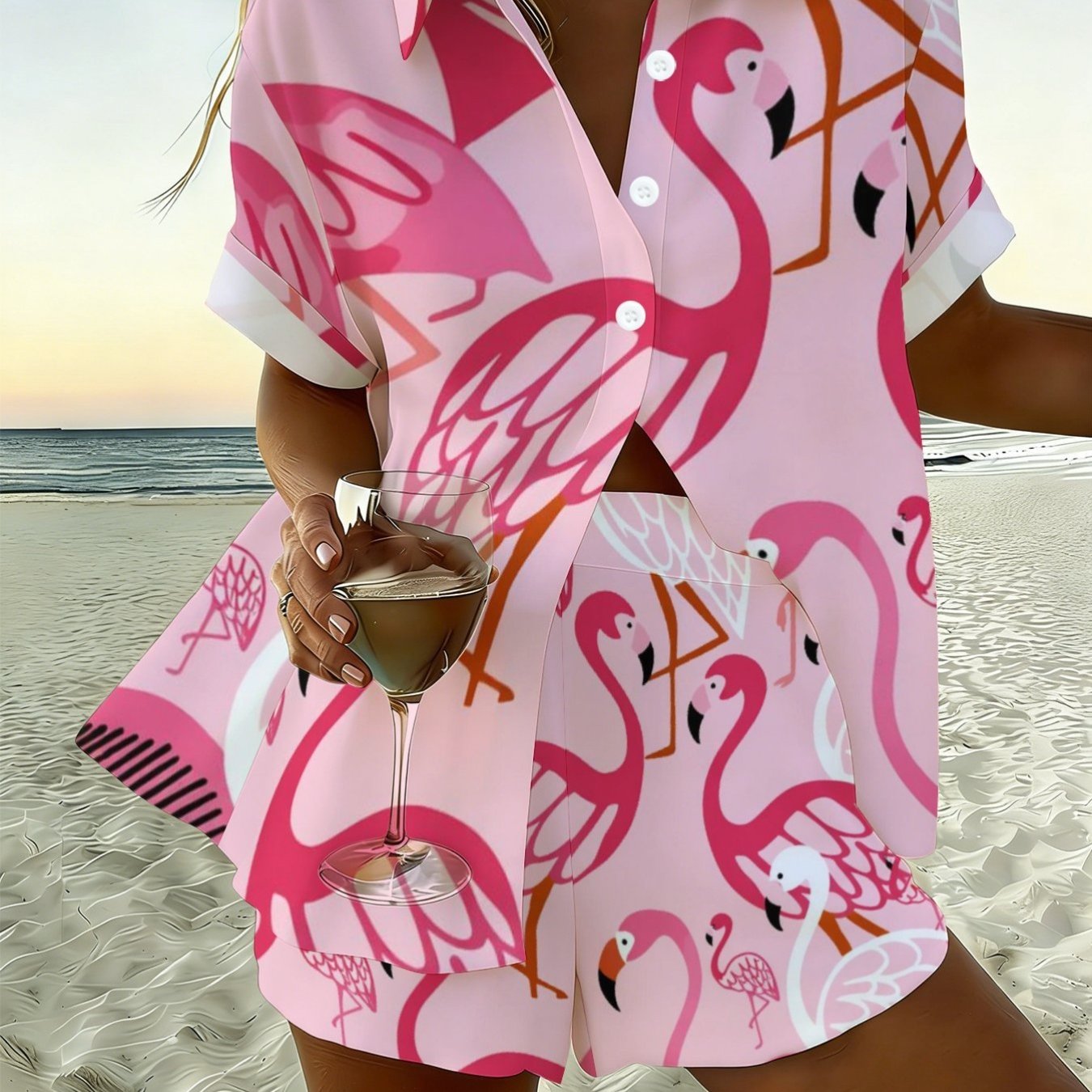 TEMU Summer New Style Women's Casual Shirt Pink Phoenicopterus Wrapping Paperdigital Printing Short-sleeved Shorts Are Fashionable For Daily