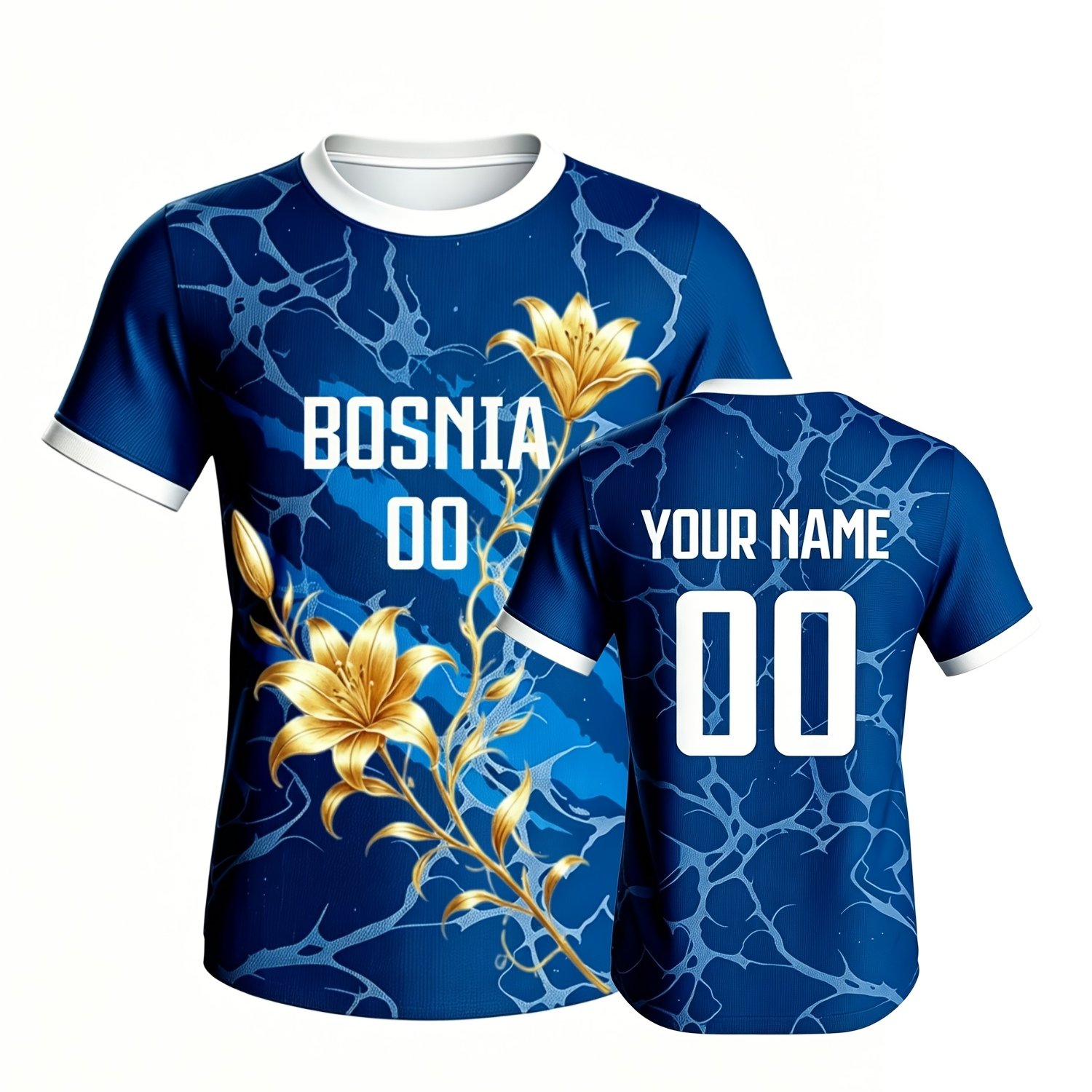TEMU Custom Bosnia Golden Lily Soccer Jersey, Personalized , Quick-dry Polyester Sports Shirt For Men, Breathable Crew Neck Football Uniform For