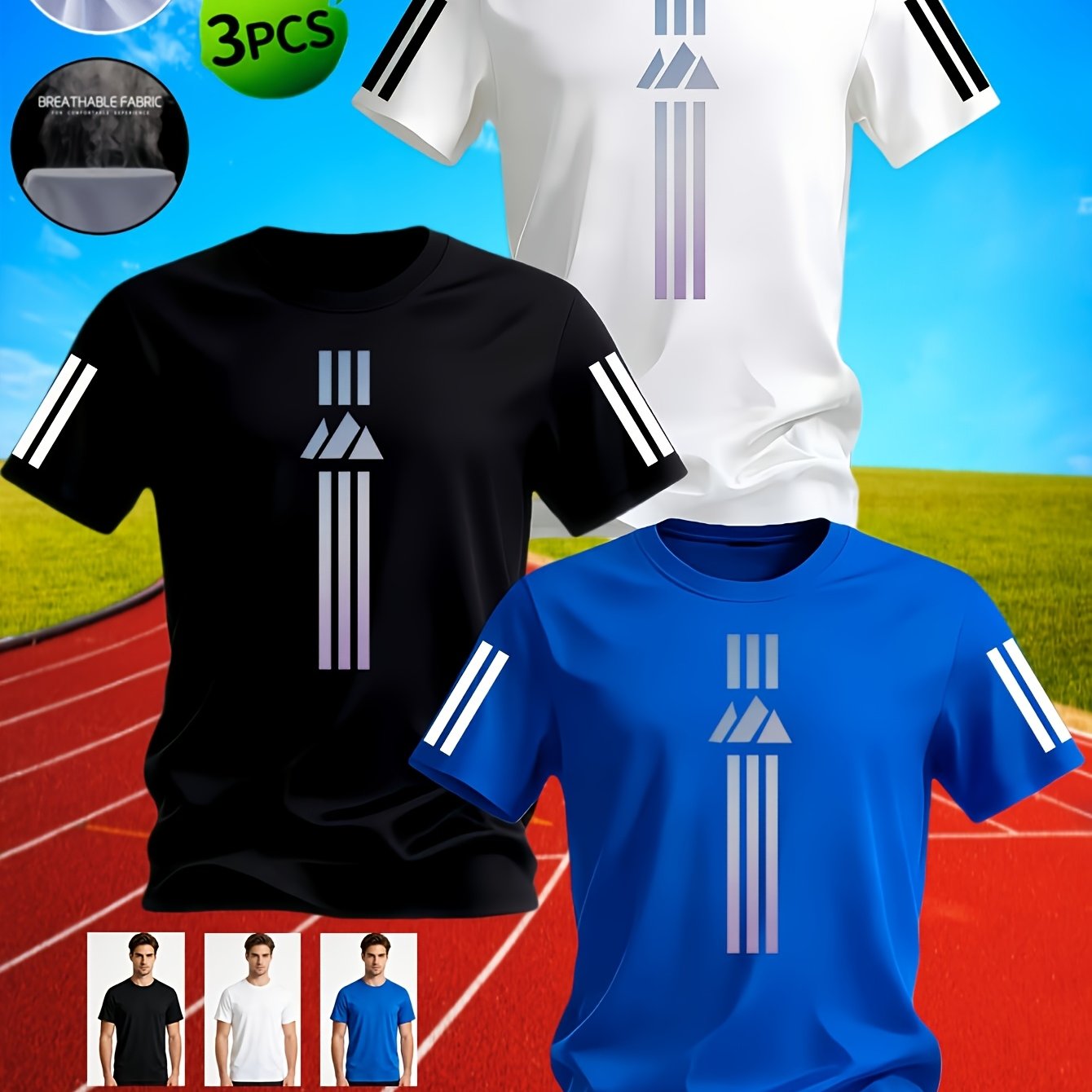 TEMU 3pcs Set Of Summer Men's Casual Athletic Round Neck T-shirts, Trendy Pattern Print, Wear Running T-shirt Athletic Top, Comfortable