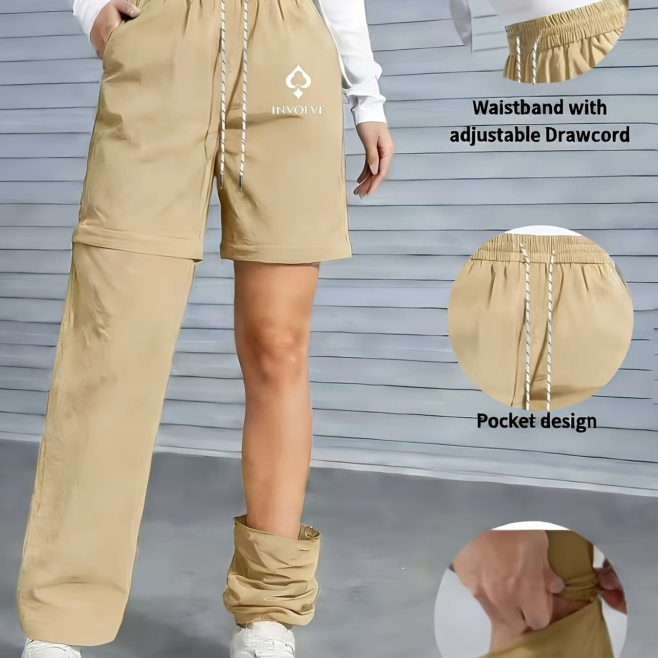 TEMU Women's Outdoor Casual Pants With Fashionable Print Design, Convertible Into Shorts, In 3 Colors, Drawstring Elastic Waist, Trendy And