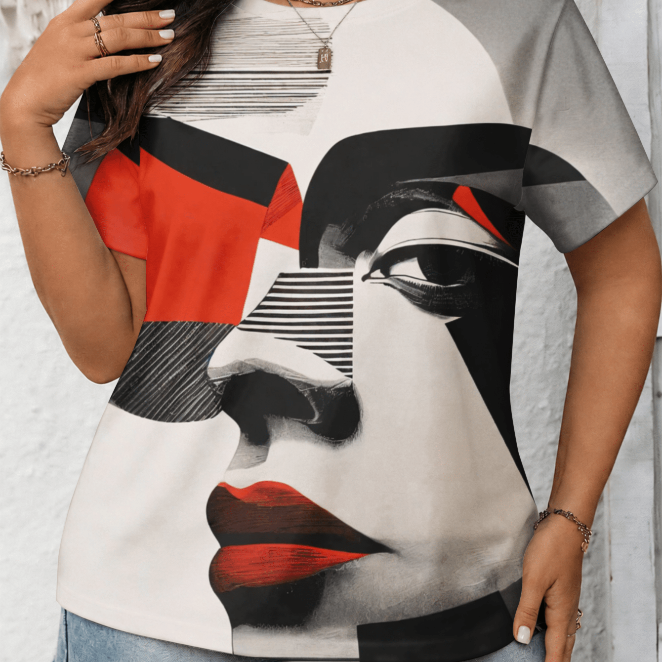Image of Plus Size, 0-9xl Plus Size Abstract Print Design Women's Summer T-shirt Fashion Apparel Breathable Machine Washable