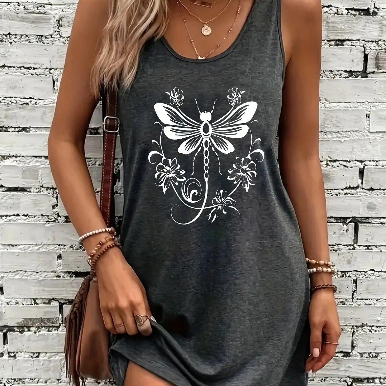 TEMU Women's Elegant Short Length Sleeveless A-line Dress With Pocket - Soft Flowy Dark Gray & Round Neck Casual To Formal Outfit, Machine Washable