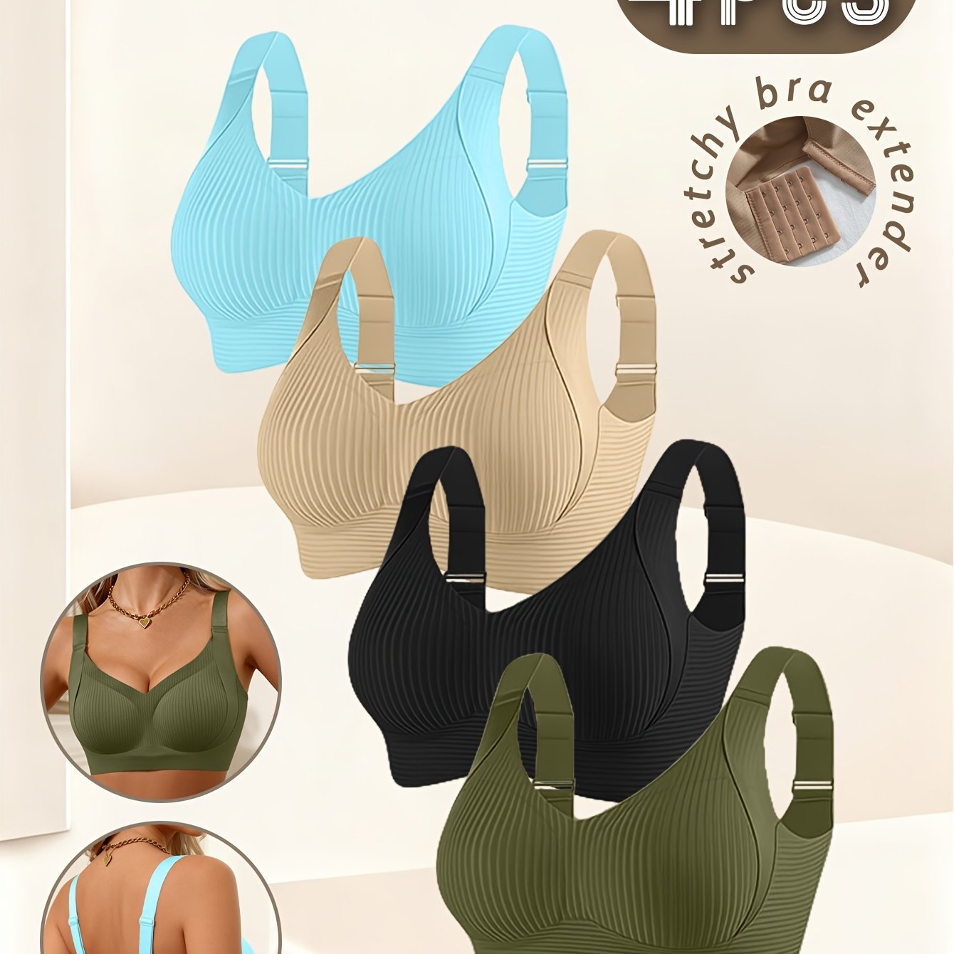 Women's 4pc Wire-Free Bralette Set, Full-Coverage Push-Up