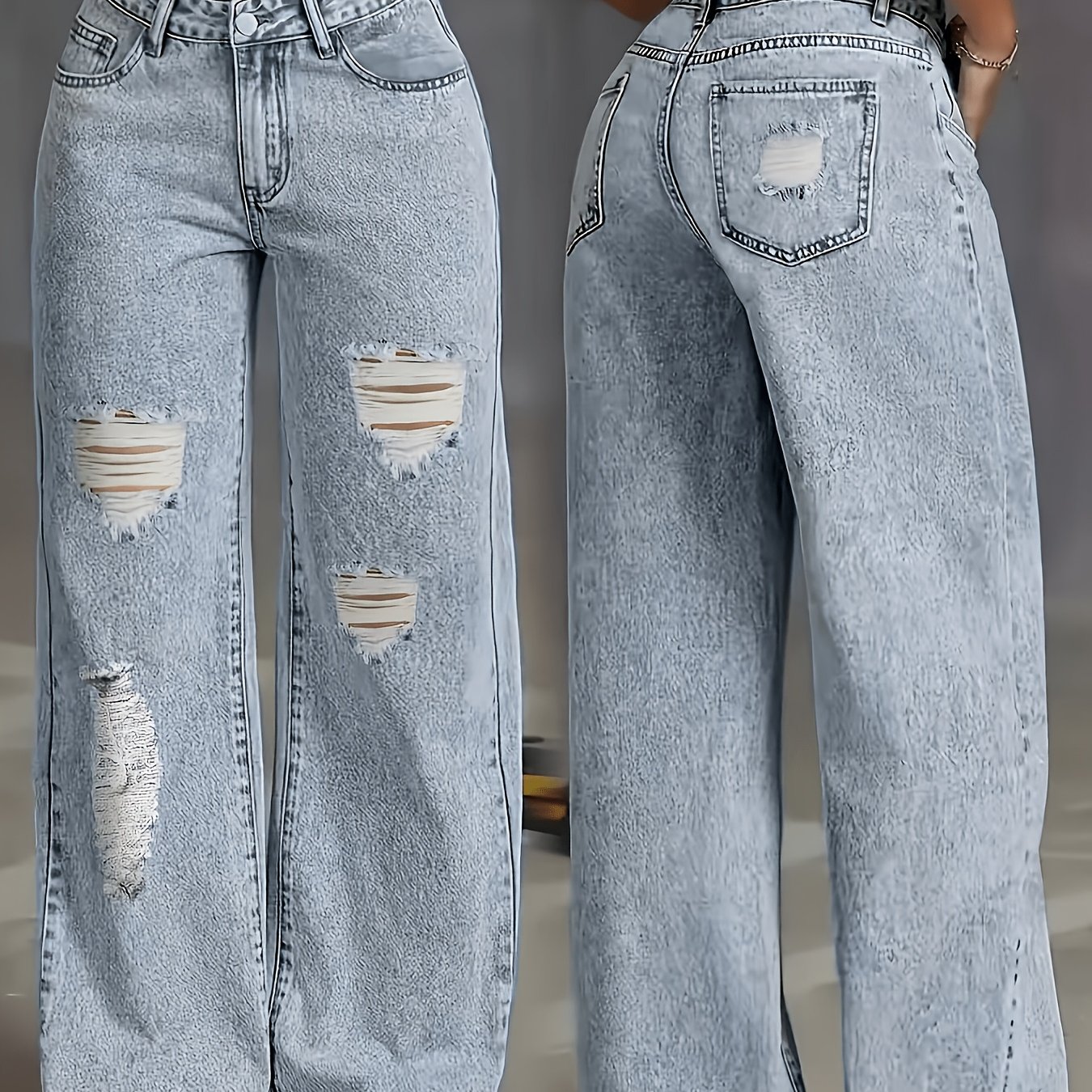Elastic Straight Leg Wide Leg Loose Jeans With Rips Streetwear