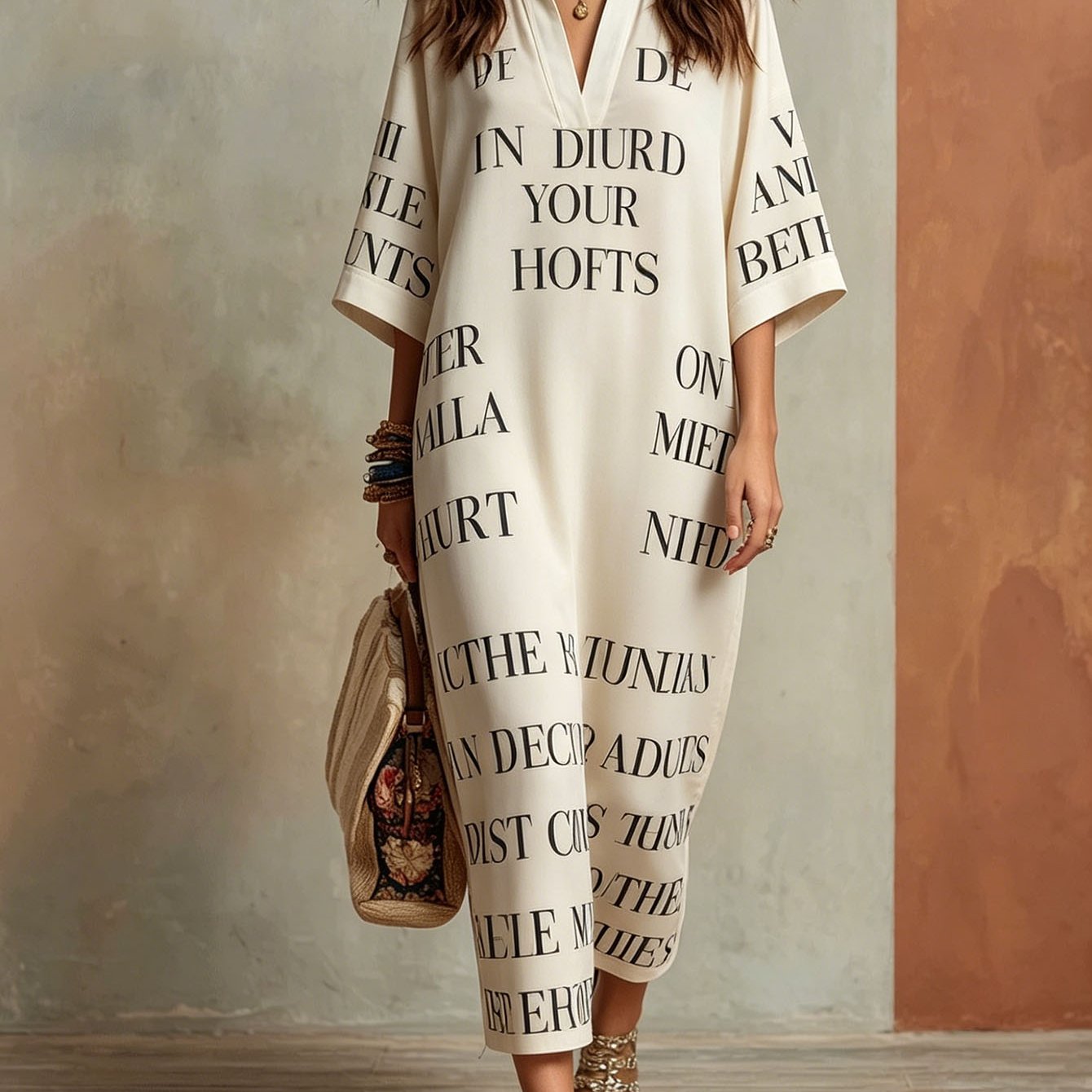 Plus Size - Vintage English Letter All Lapel -sleeve Loose Maxi Dress, -friendly Lazy Vacation Long Dress Perfect Gift Pick