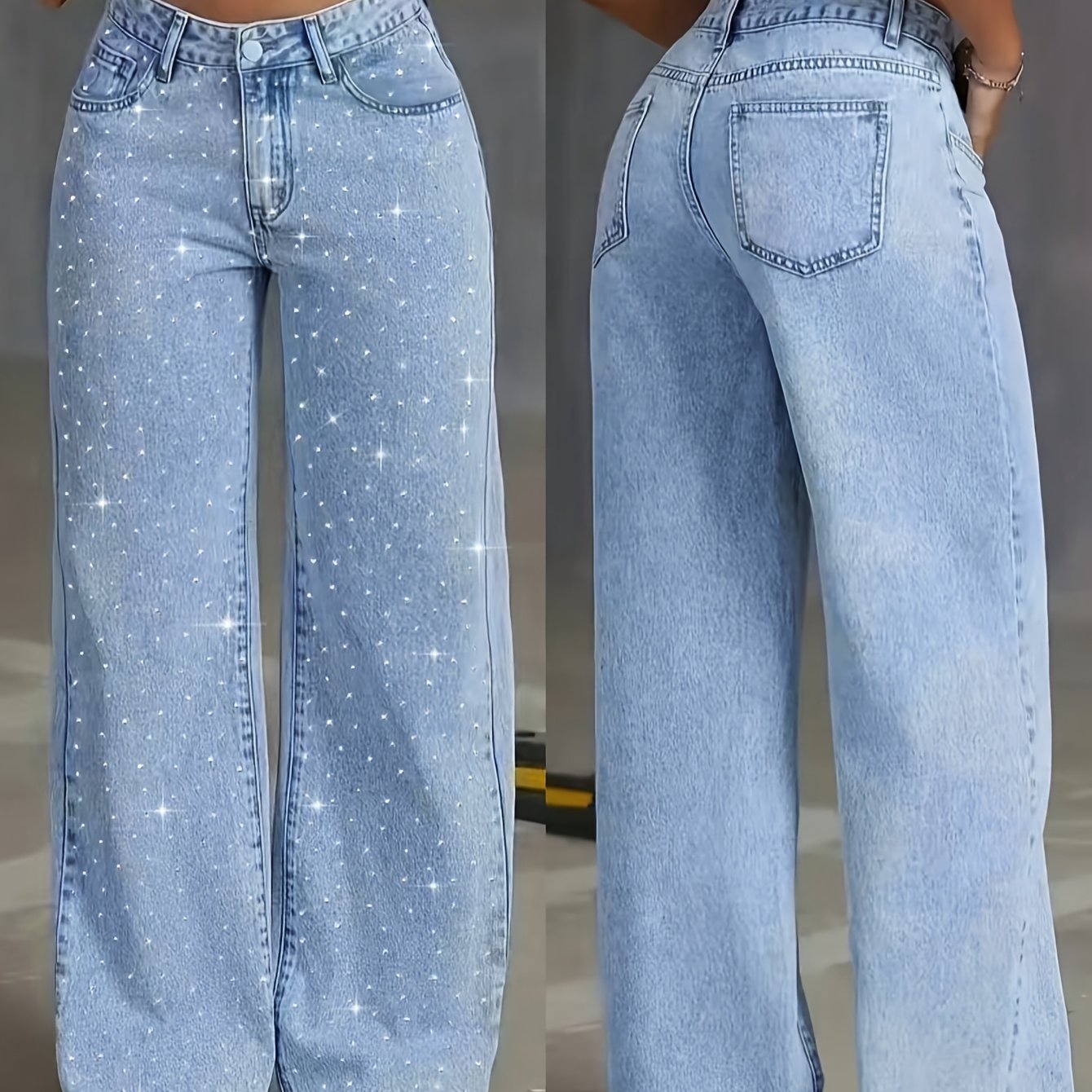 Image of 2026 Women's Jeans Wide Leg Comfortable Elastic Soft Hot Drilled Craft Women's Trousers