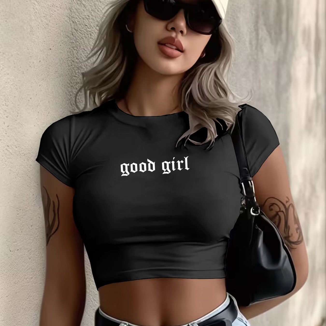 TEMU De Crop Top Women's Top Gothic Style Gothic Font "good " Women's Clothing Round Neck Short Sleeve Summer Crop T-shirt Tee