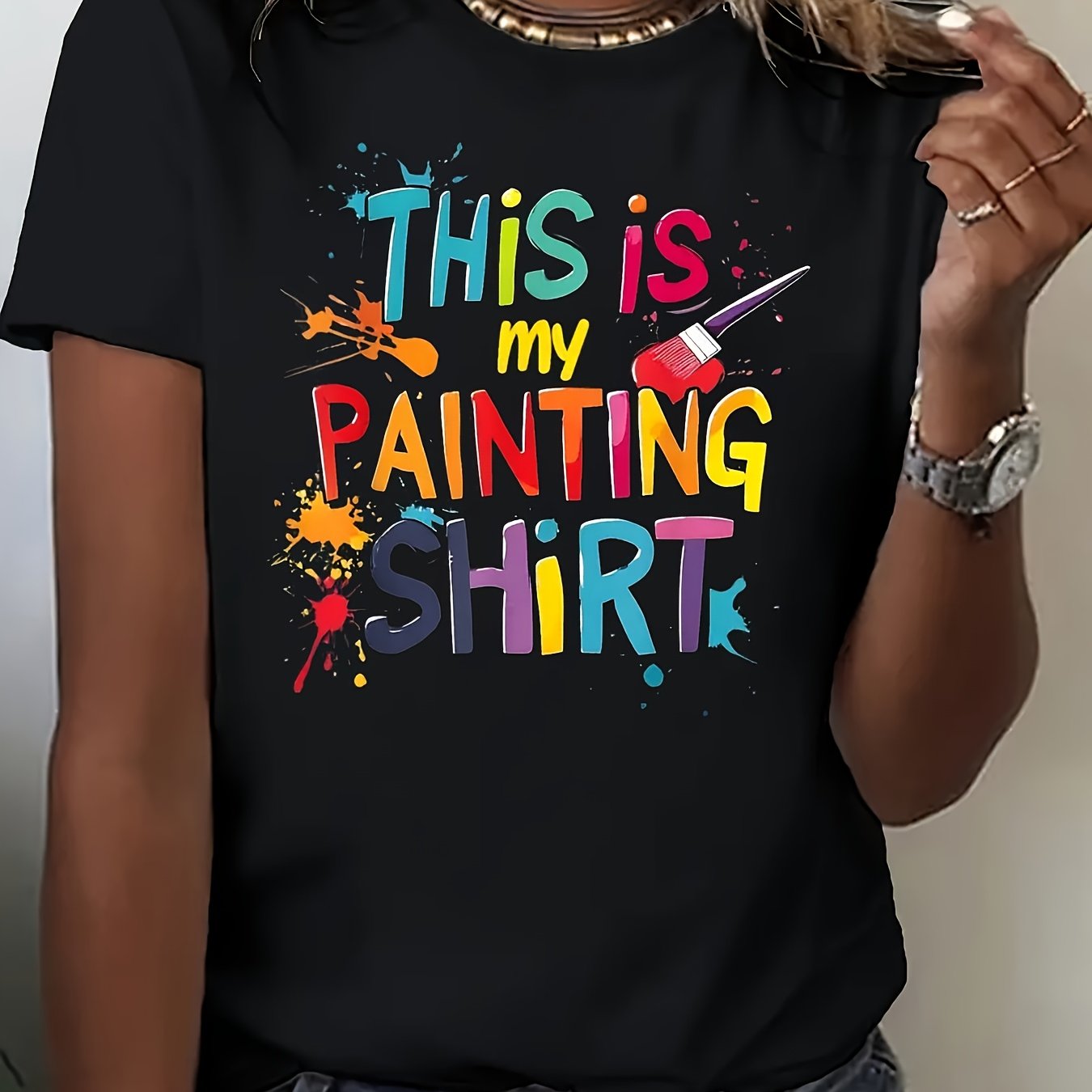 TEMU Women's Artist Painting Shirt With Paint Splatter & Paint Tube Designs - Round Neck Short Sleeve T-shirt Suitable For Painters, Art Classes,