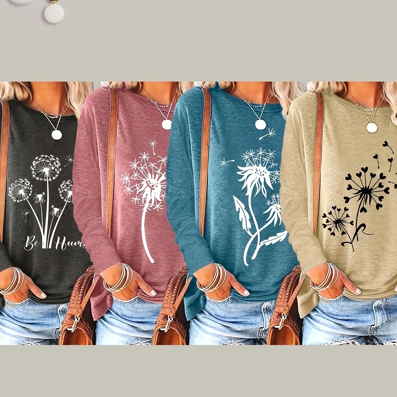 Image of Plus Size - Plus Size - 4pcs Printed Round Neck Long Sleeve, Round Neck Casual Loose Top Spring Autumn, Women's Clothing