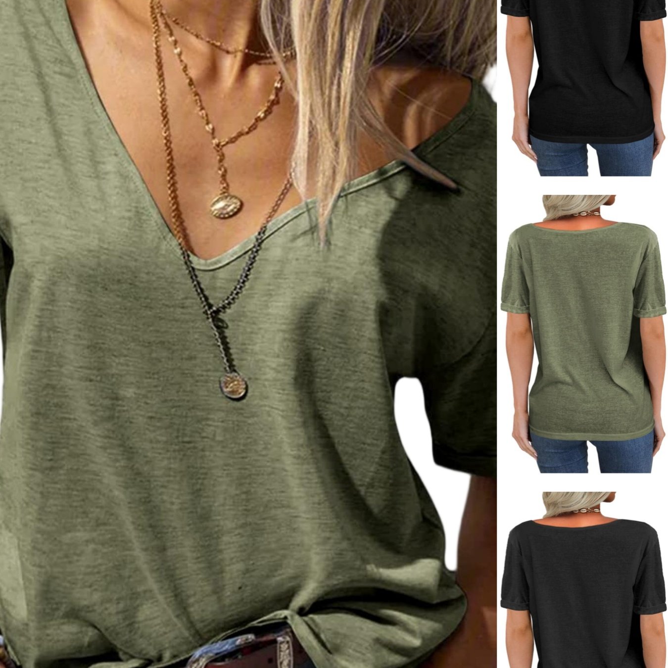 Image of Women's Daily Summer Fashion Deep V-neck Short Sleeve Tops Solid Casual Loose Shirt
