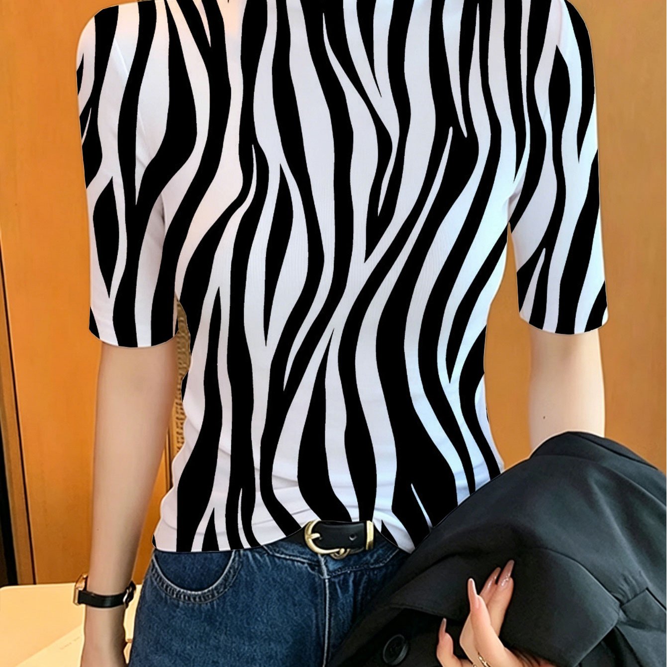 TEMU [printed Design - Non-real Texture] Women's Irregular Striped Zebra Print Black And White Contrast Design Pattern Semi-high Neck Slim Fit