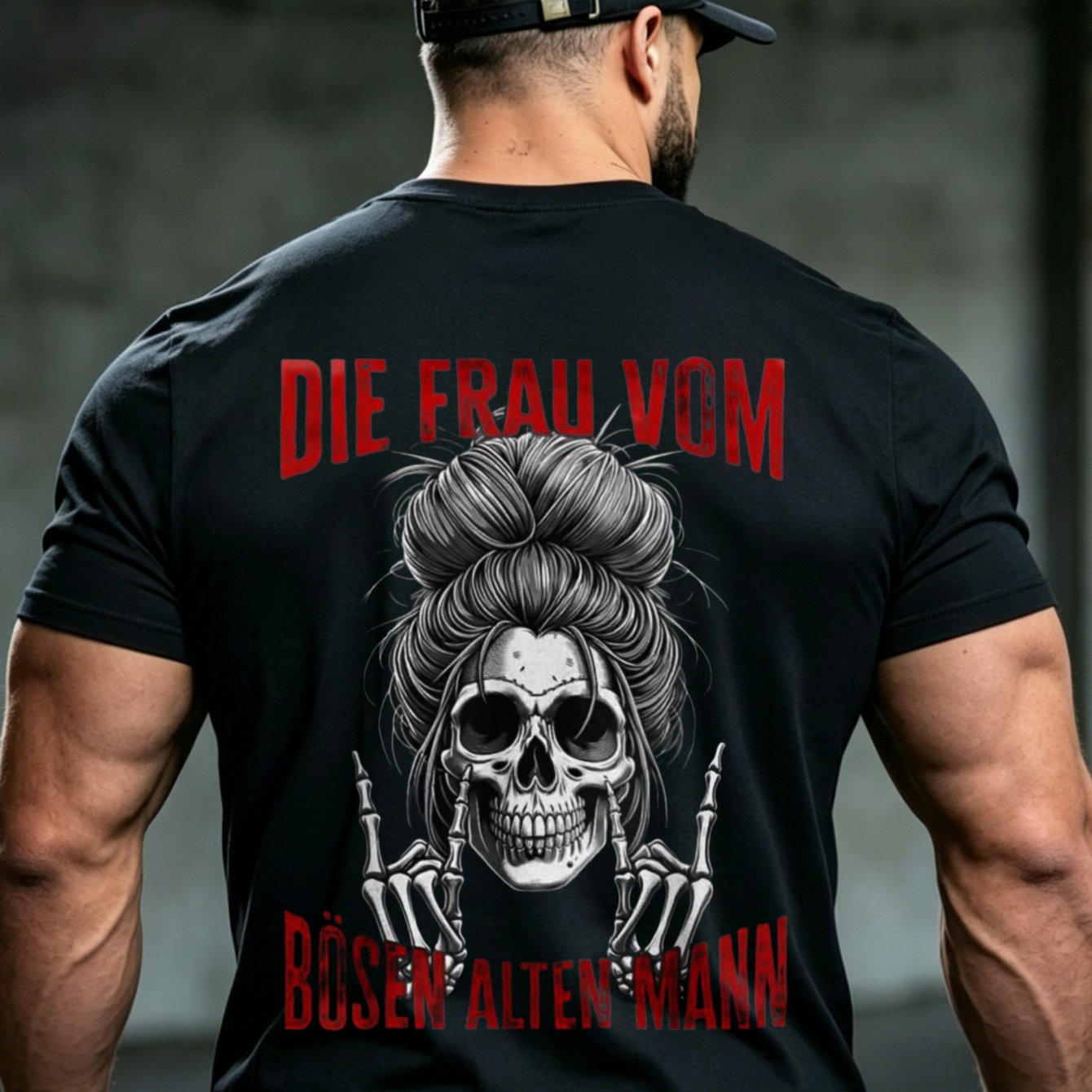 Image of Edgy Gothic Style T-shirt Skull Woman With Messy Hair And Fingers Up Text Die Frau Vom Alten Mann Casual Wear For Men And Gift For Halloween Or Dark , Plus Size