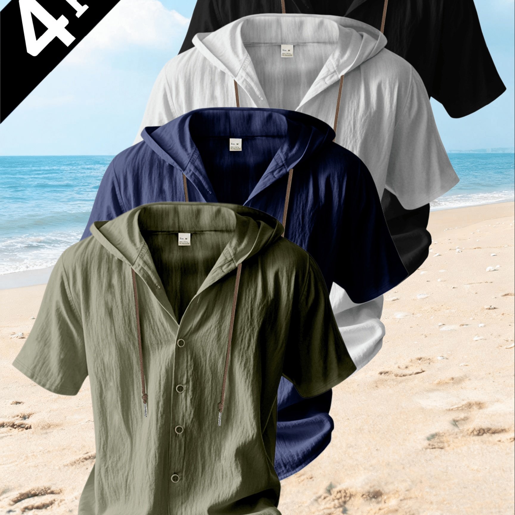 TEMU 4pcs Set Men's Summer Short-sleeve Shirts, Casual Hooded Sweatshirt, Button-up Linen Shirt, Cardigan Button-hoodie Design, Breathable And