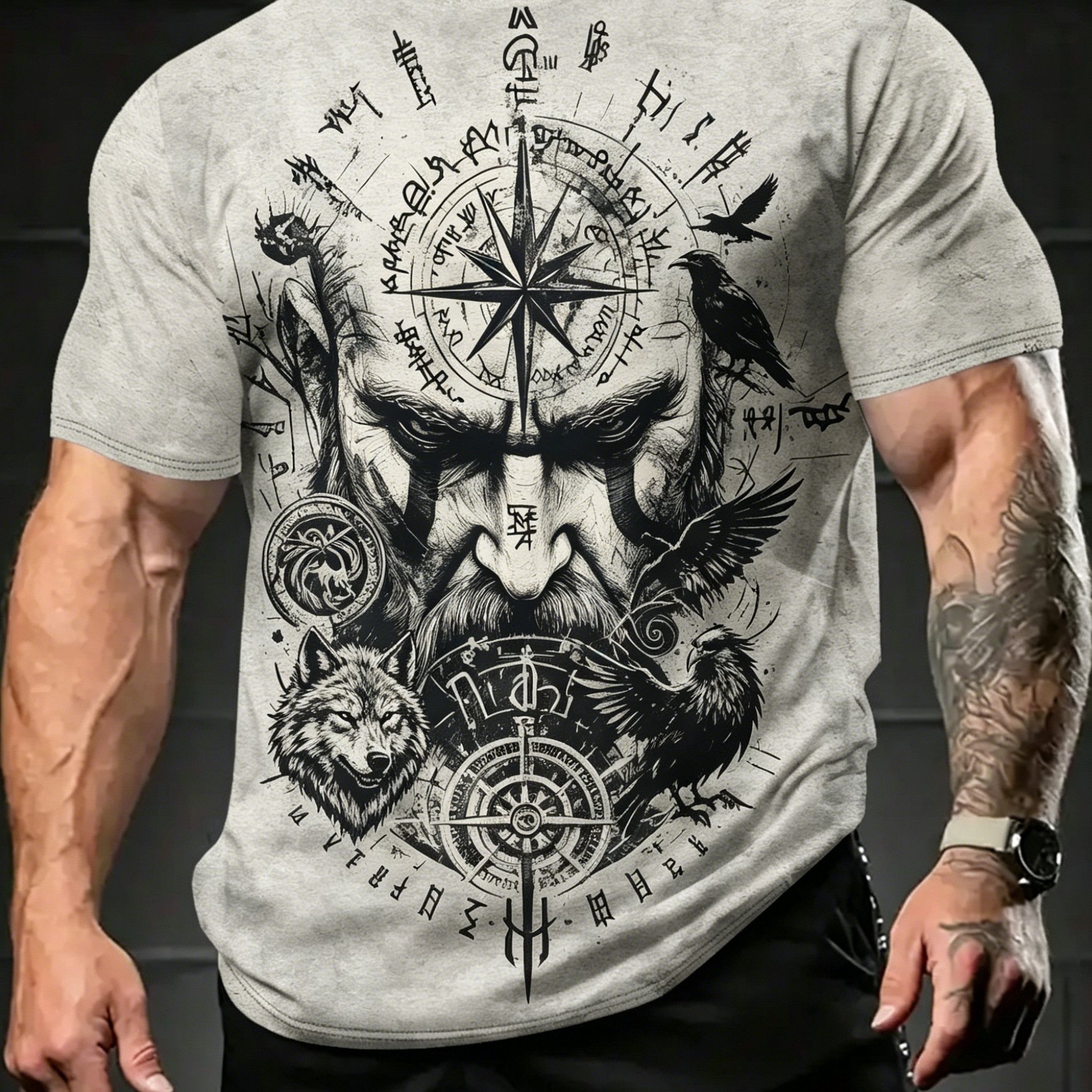 TEMU Viking-themed Short-sleeve T-shirt - Vintage Distressed Viking Print, Breathable Skin-friendly Fabric Suitable For Casual, & Outdoor Wear, Round