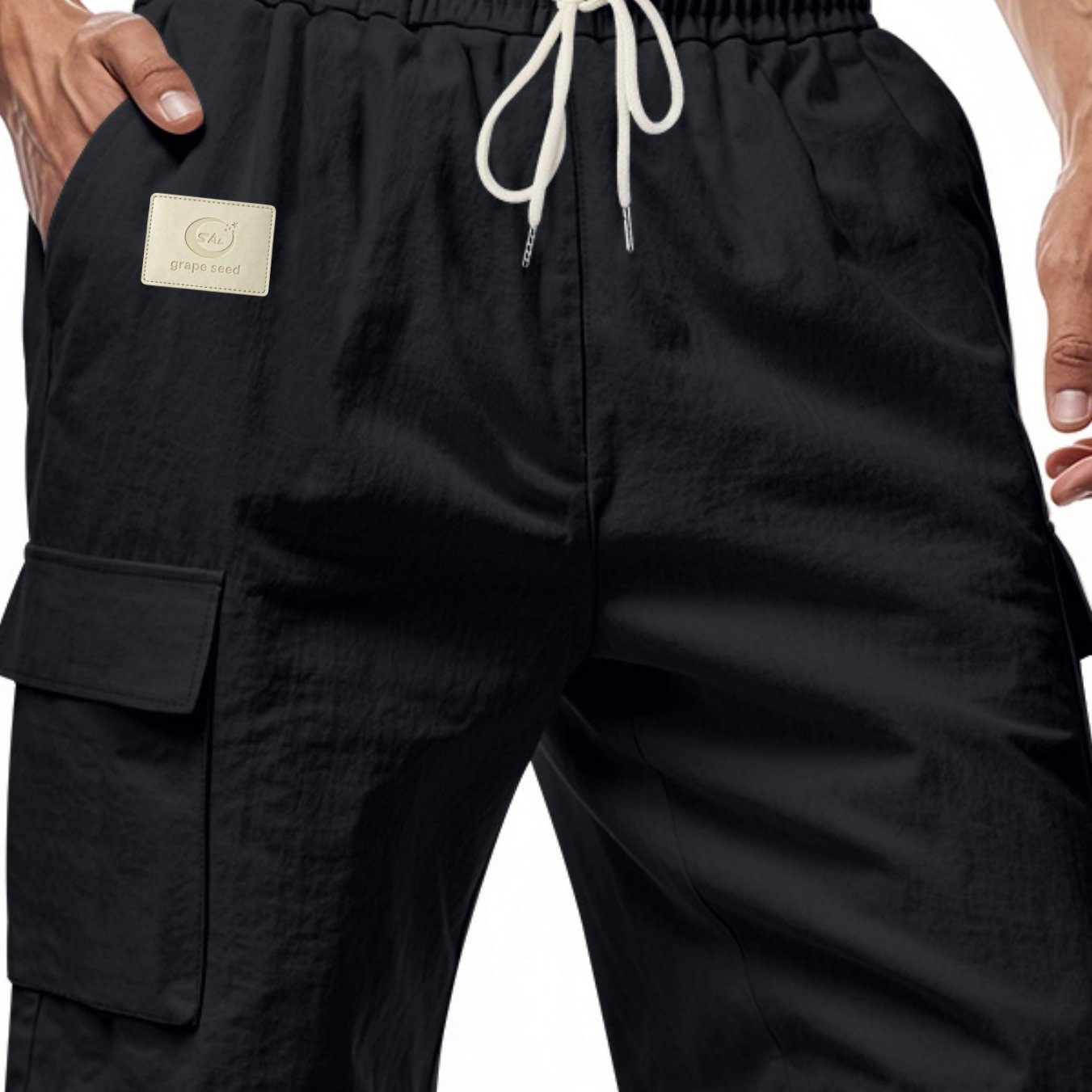 TEMU Men's Linen Cargo Shorts With Leather Label, New Style, Elastic Waist Drawstring Design, Breathable Casual Shorts With Utility Pockets, Summer