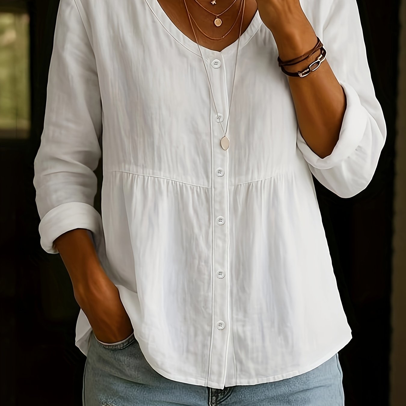 Image of Plus Size - Plus Size - Western Cross-border Summer New Women's Elegant Casual Loose Fashion Long Sleeve V-neck Button-up Shirt