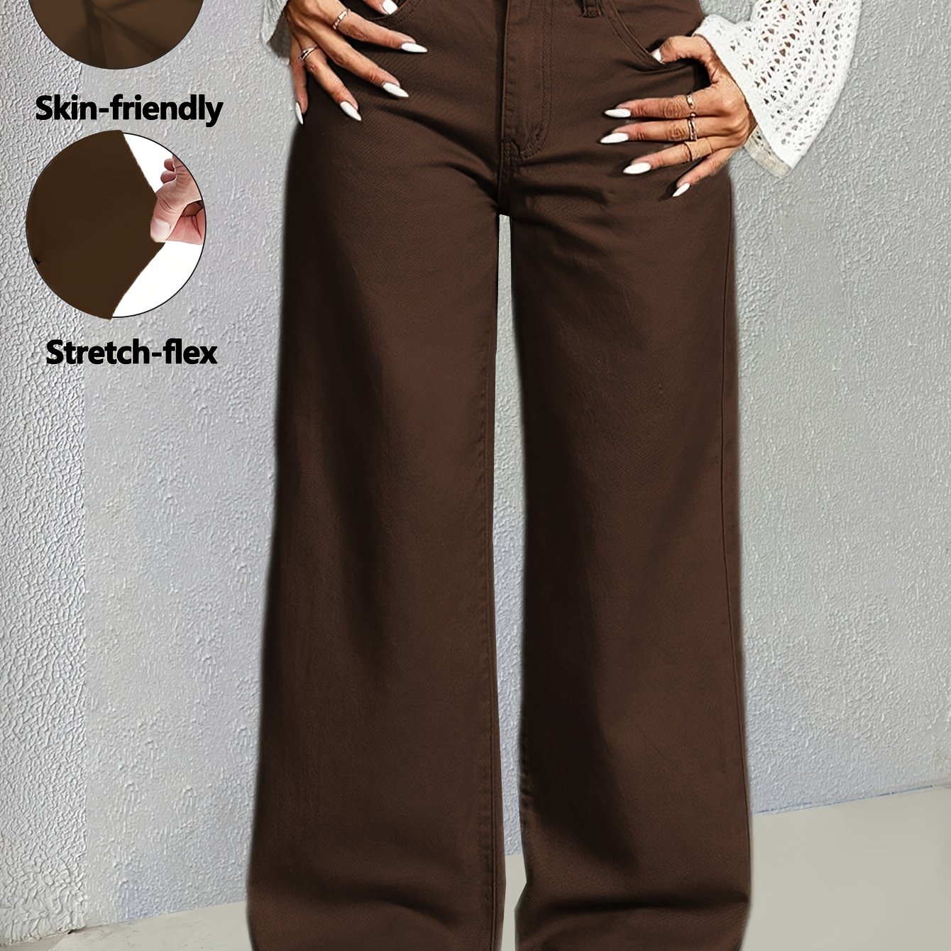 TEMU Women's High Waisted Brown Wide Leg Jeans With Light Beige Friendly Stretch Flex Denim Fabric For A Comfortable Casual Vintage Street Featuring