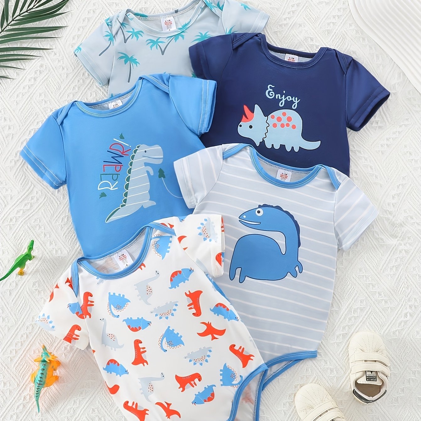 Random 1pc: Boys' Cute Dinosaur Print 1pc Clothes, Flame-retardant Fabric, Knitted Short-sleeve Romper, Flame-retardant Fabric, Perfect For Outdoor