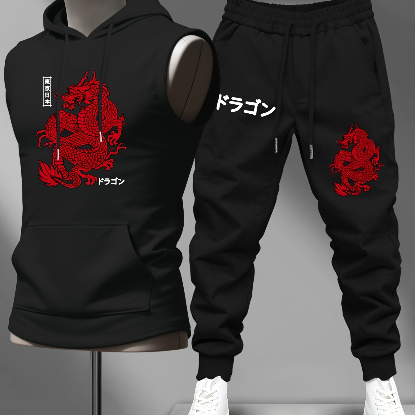 TEMU Trendy Men's Casual Gym Hooded Vest And Pants Set - Oriental Dragon Soul Theme, Tokyo Japan Japanese Text, Dragon Totem Print, Sleeveless Hooded