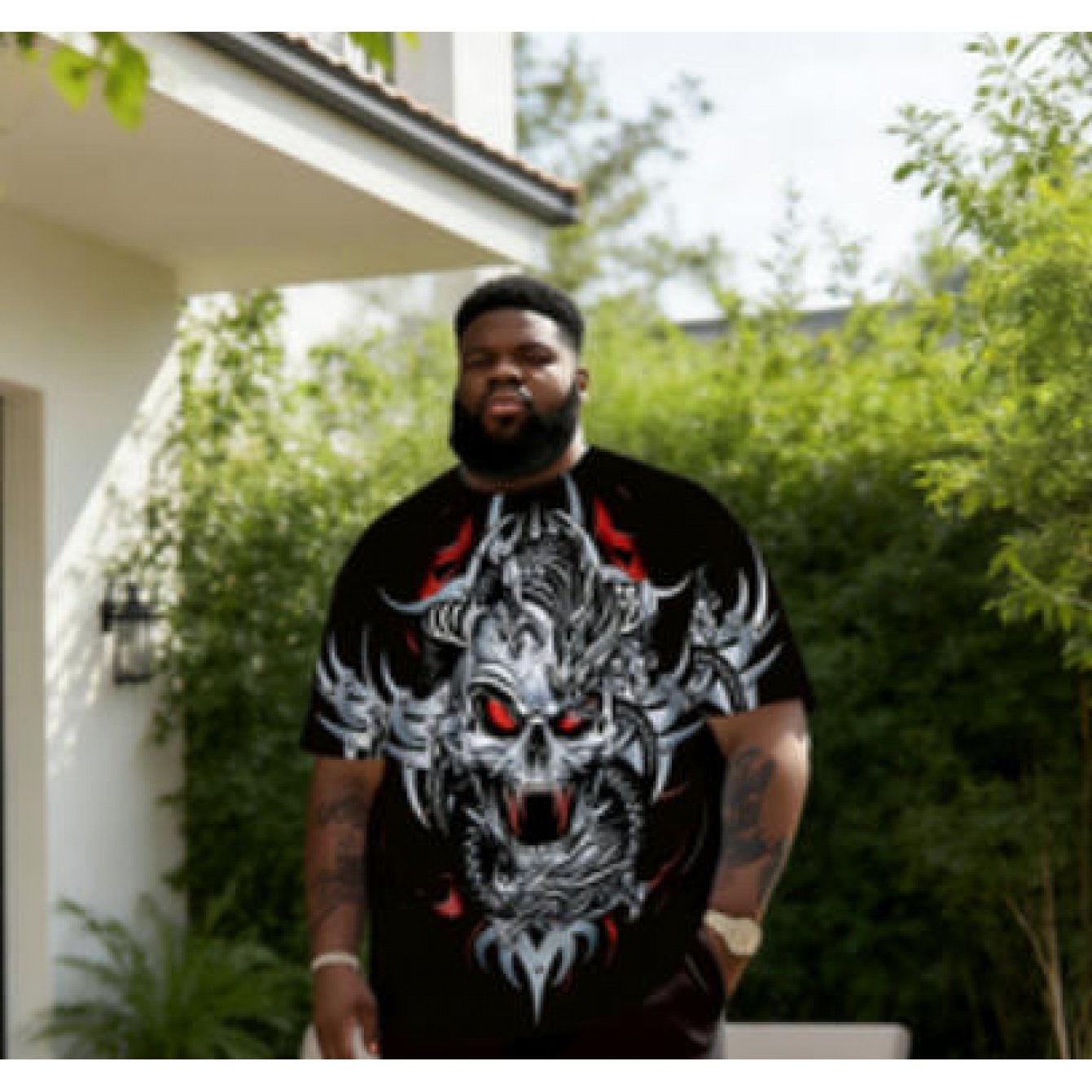 TEMU Men's Short-sleeve T-shirt With Black Dragon Skull Metal Detail Print, Casual Streetwear Top, Suitable For Daily Wear And , Casual Apparel, Plus