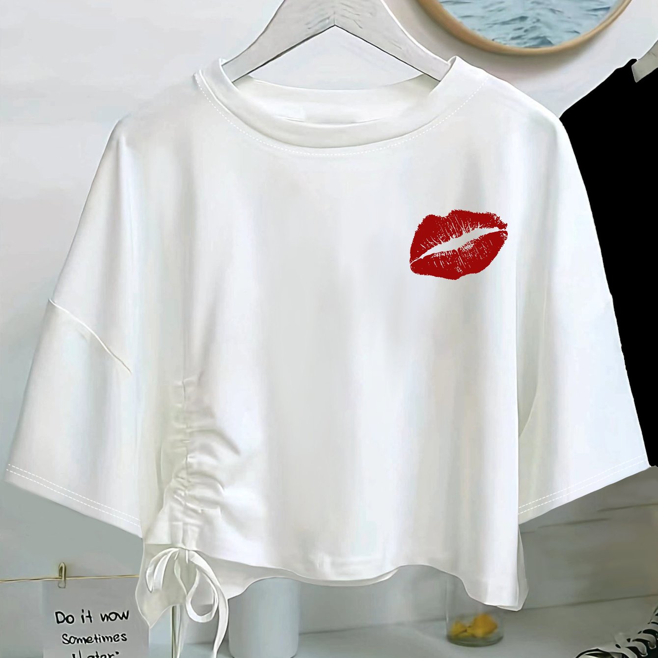 TEMU Women's Oversized Casual Short-sleeve T-shirt With Lips Print - Soft Loose-, Drawstring Waist, Breathable Summer Beachwear Suitable For Travel,