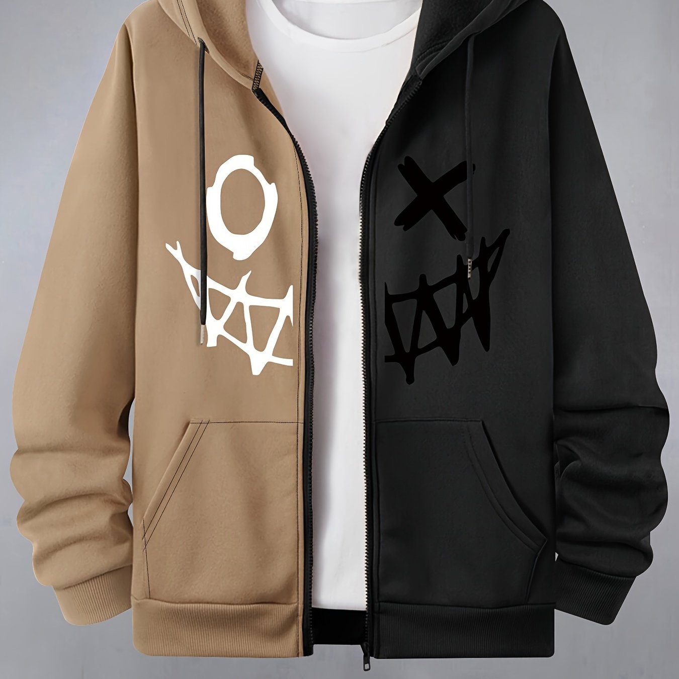 Velvet Hooded Sweatshirt For Men, Casual Sports Hooded Black And Orange 2 Color Stitching Sweatshirt
