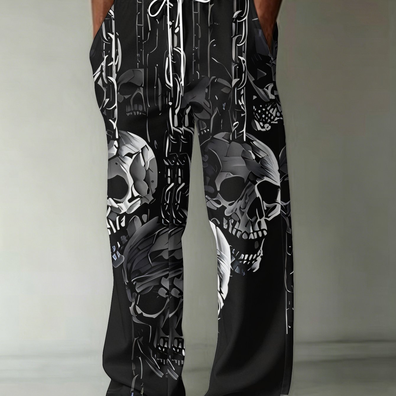 TEMU Men's Fashionable Printed Trousers With A And Eerie Pattern Featuring Multiple Skulls Hanging From Chains On A Black Background. Straight-leg