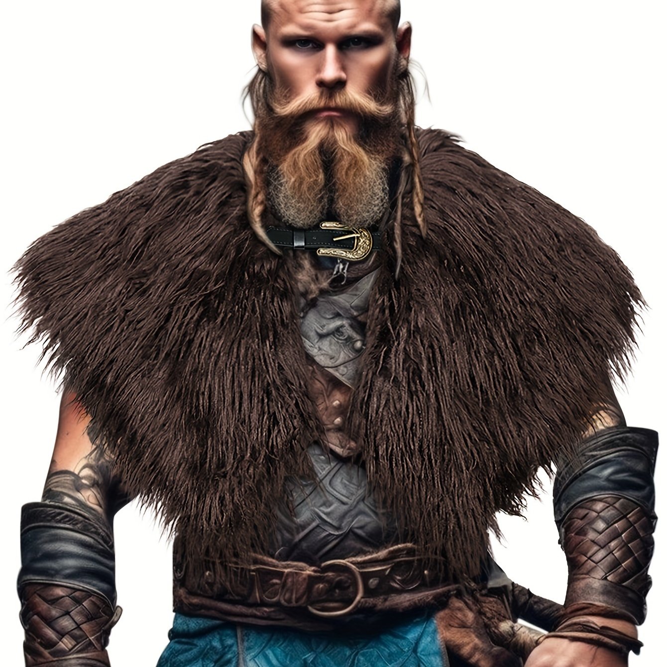 1pc Men's Medieval Faux Fur Shawl, Viking Cosplay Costume With Belt, Halloween Costumes