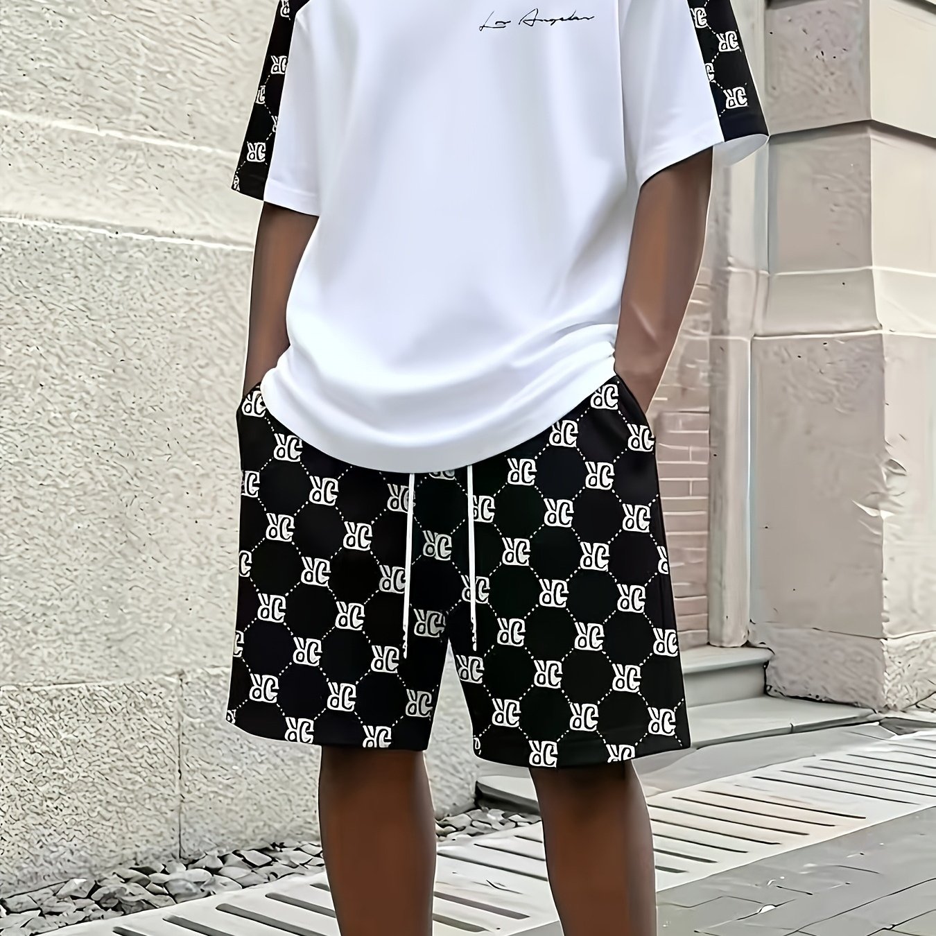TEMU 's Short Sleeve And Shorts 2pcs Set, Easy Versatile Men's T-shirt Outfit, Street , Lightweight And Durable Athletic Casual , Plus Size
