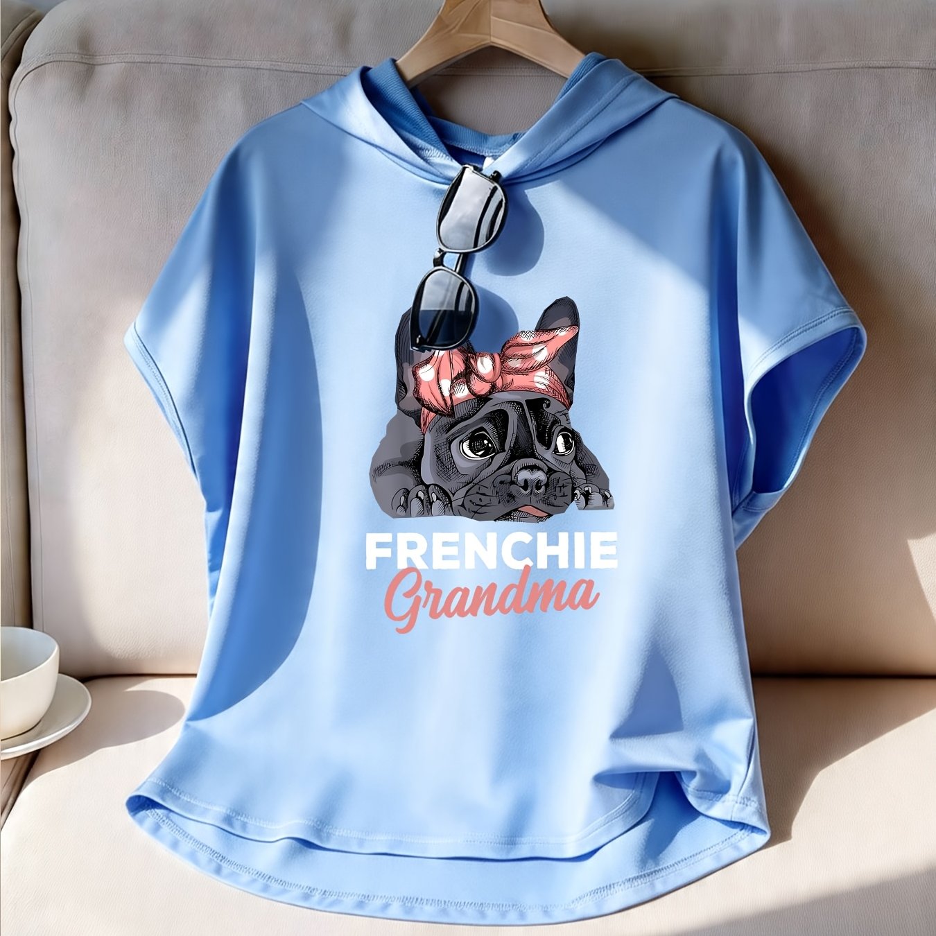 TEMU Women's Casual French Bulldog & Bow Tie Graphic Hooded Tank Top - Lightweight 3/4 Sleeve Spring/summer Sleeveless Top, Machine Washable, Spring