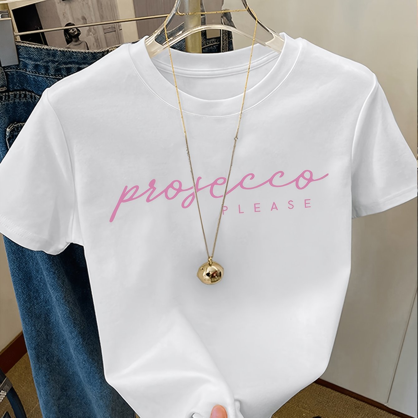 TEMU A Short-sleeved Round-neck T-shirt With A Minimalist Handwritten Letter Print That 'prosecco Please' For Prosecco